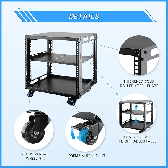 9U Open Frame Server Rack with Wheels Free Standing Network Server Rack for Servers & AV Gear Black