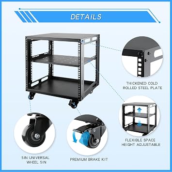 9U Open Frame Server Rack with Wheels Free Standing Network Server Rack for Servers & AV Gear Black