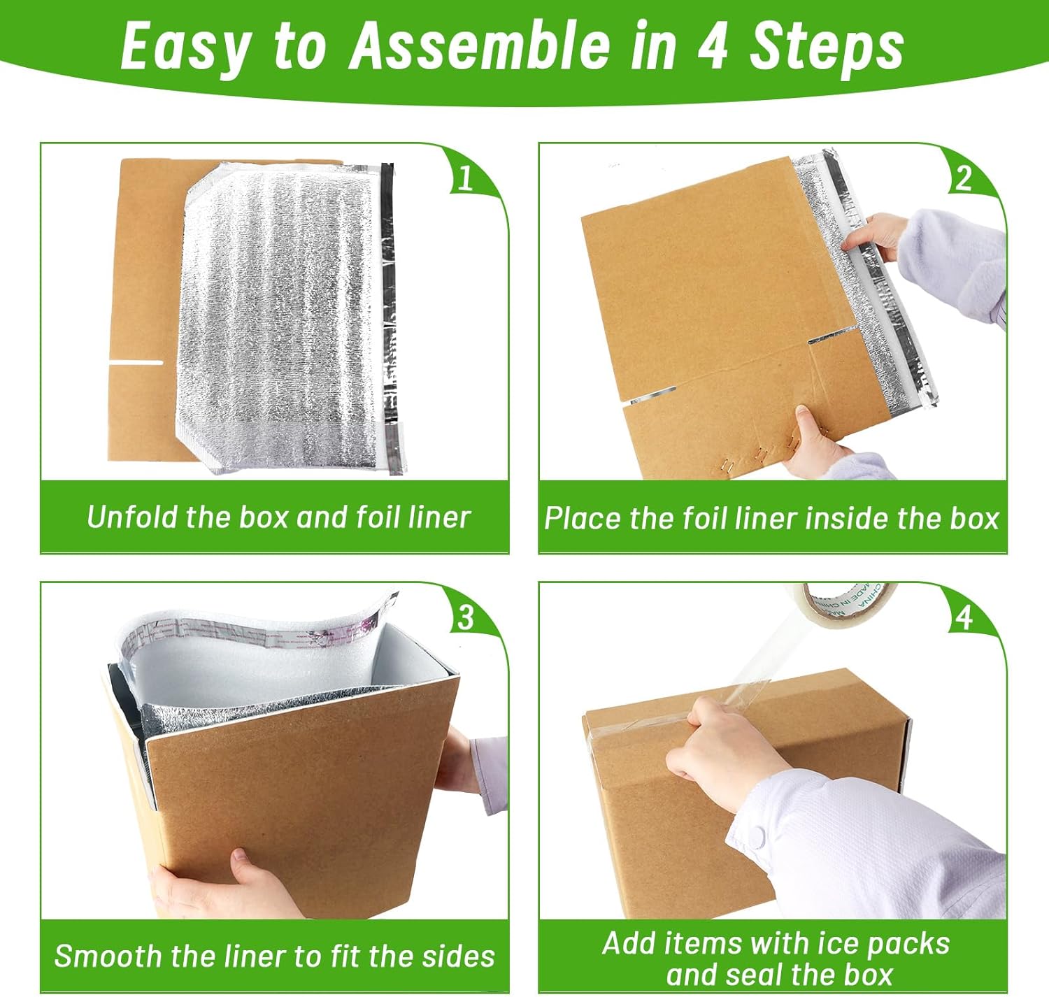 Convivium 4 Pack Insulated Shipping Boxes with Foil Liner Bags, Reusable Thermal Cooler Mailing Cartons for Cold Pack Shipping, Hot & Frozen Food Delivery, 12''x5.5''x7.5''