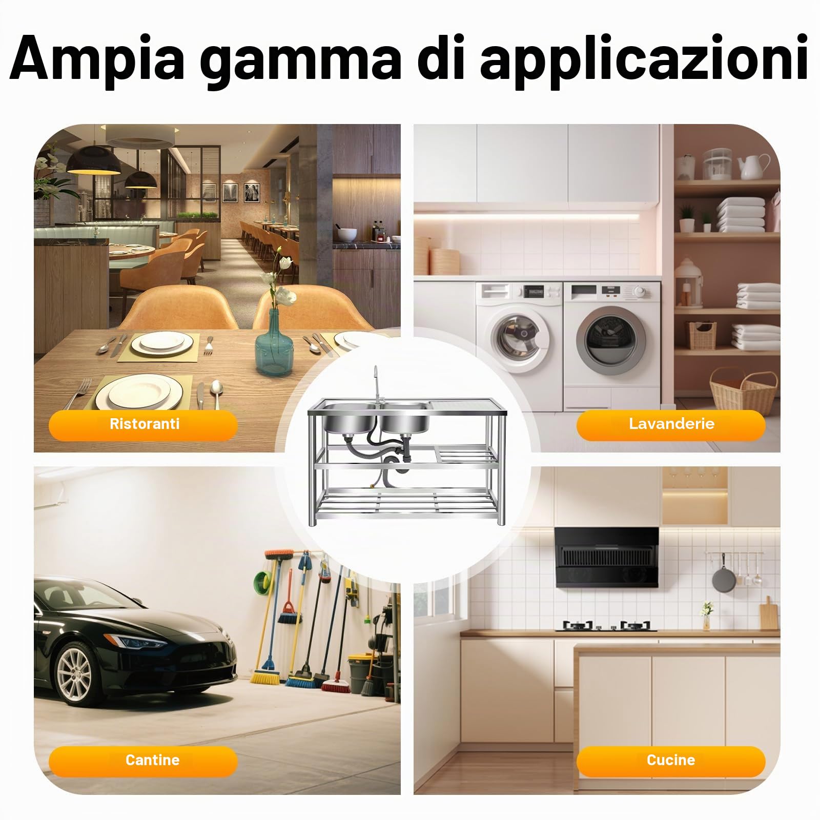 Lavandino da cucina indipendente 2 ciotole doppio lavello da cucina in acciaio inox con rubinetto, supporto e dispositivo di scarico, per esterni, interni, cucina, ristorante