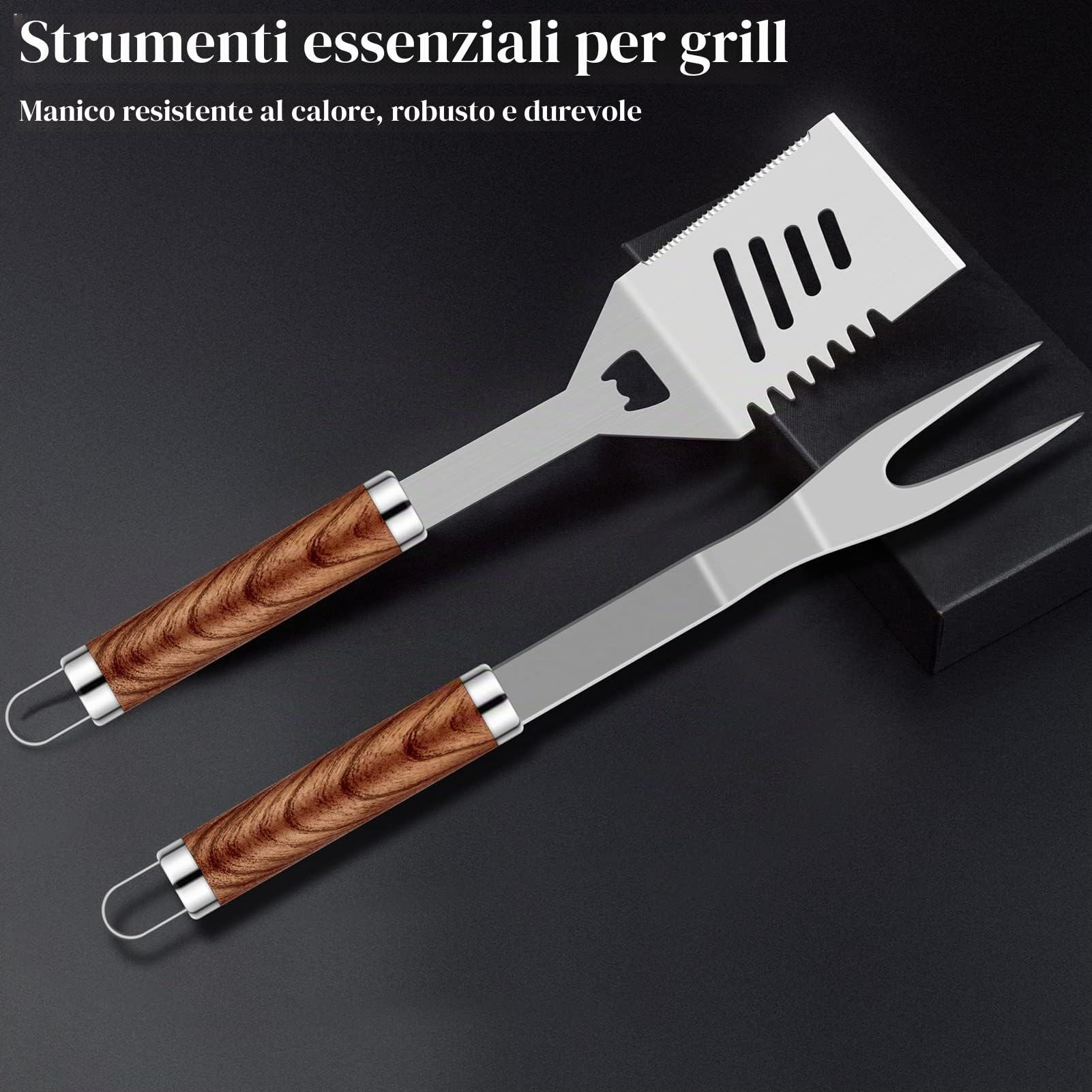Grilliance Set di 38 posate per barbecue, in acciaio inox, accessori per barbecue per uomini, regalo di compleanno, set di utensili per barbecue di alta qualità, valigetta per barbecue，marrone