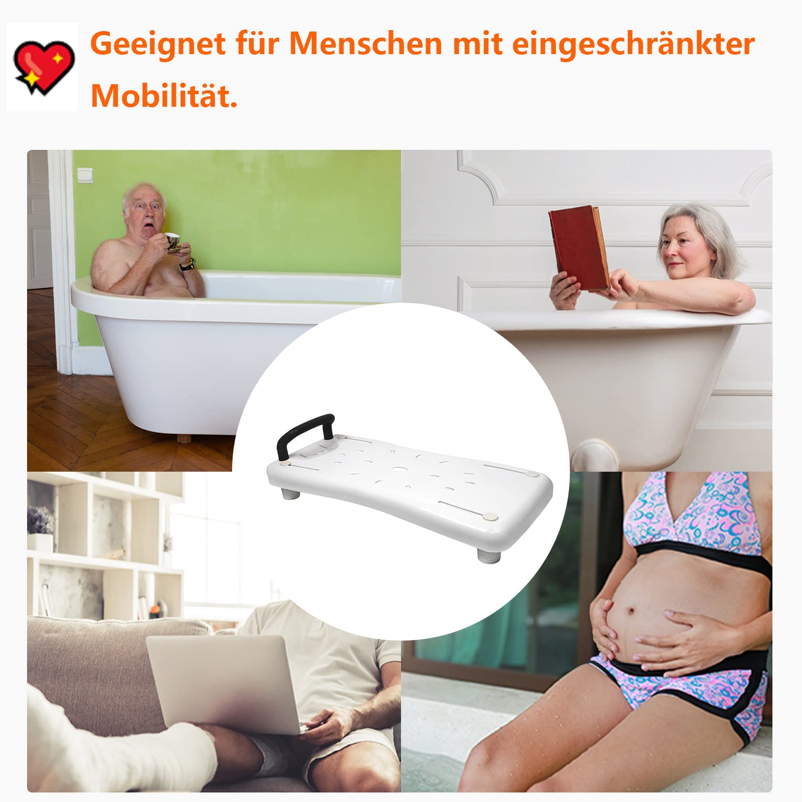 XMTECH Badewannensitz Senioren Badewannenbrett zum Sitzen mit Ergonomisch Geformte Griff, rutschfest Kunststoff Badewanne Brett Duschbrett für Badewanne Badezimmer, mit Schwarz Griff