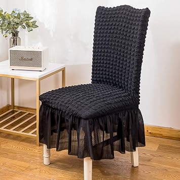 XMNTG Dining Room Chair Covers with Skirt Stretch Black High Back Chair Cover Ruffle Elegant Seersucker Chair Cover Washable Furniture Protector for Dining Room Ceremony Party Set of 2Black, 2pc