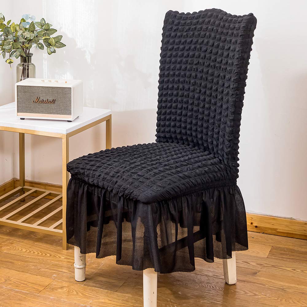 Housses de chaise noir x6 à haut dossier et jupe froncée pour salle à manger
