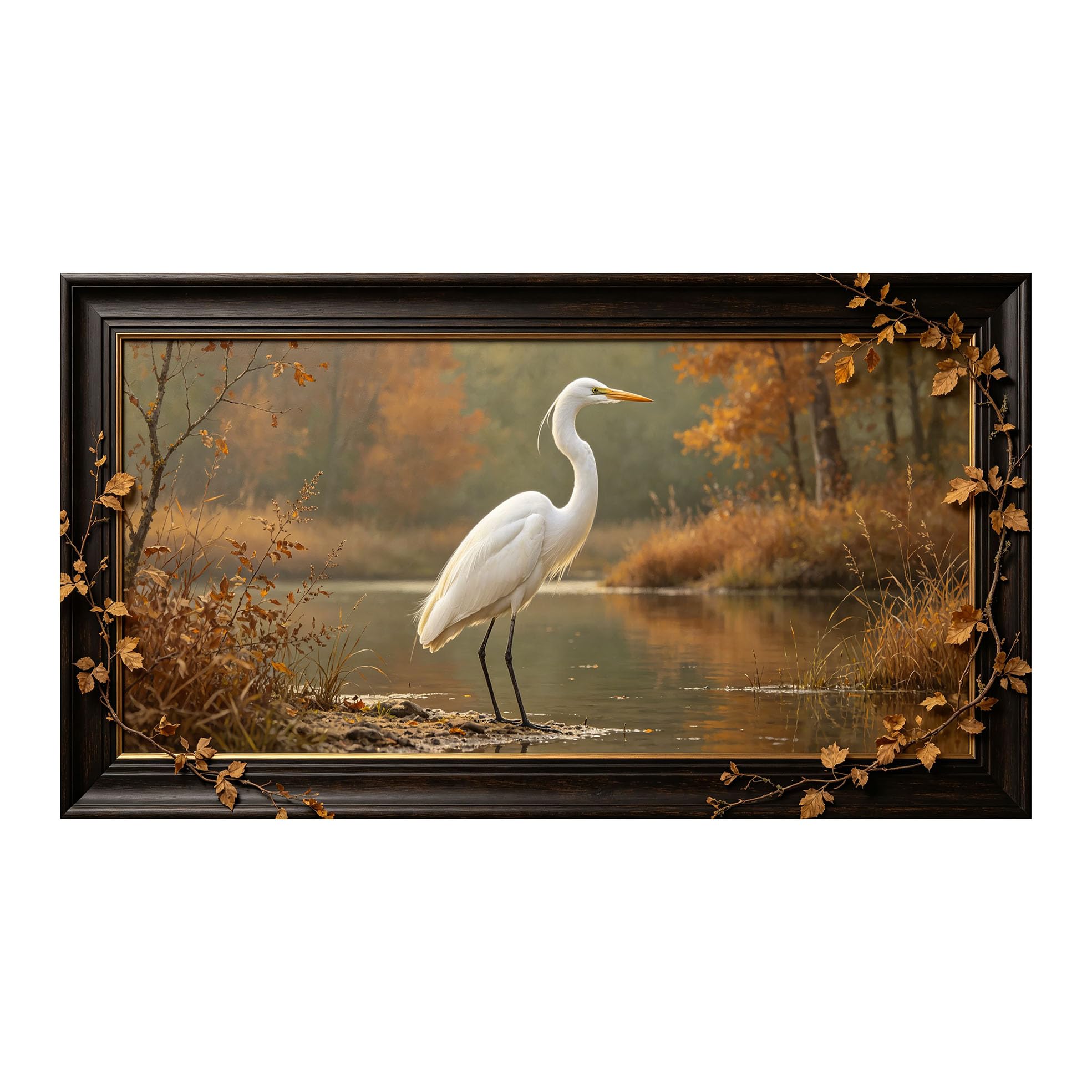 Murasolite 3D 3D Framed Wall Art 50cm×90cm Autumn Lake Landscape with White Heron Oil Painting SelfAdhesive Fabric Mural Wall Decor, Peel and Stick No Damage to Wall for Bedroom Living Room