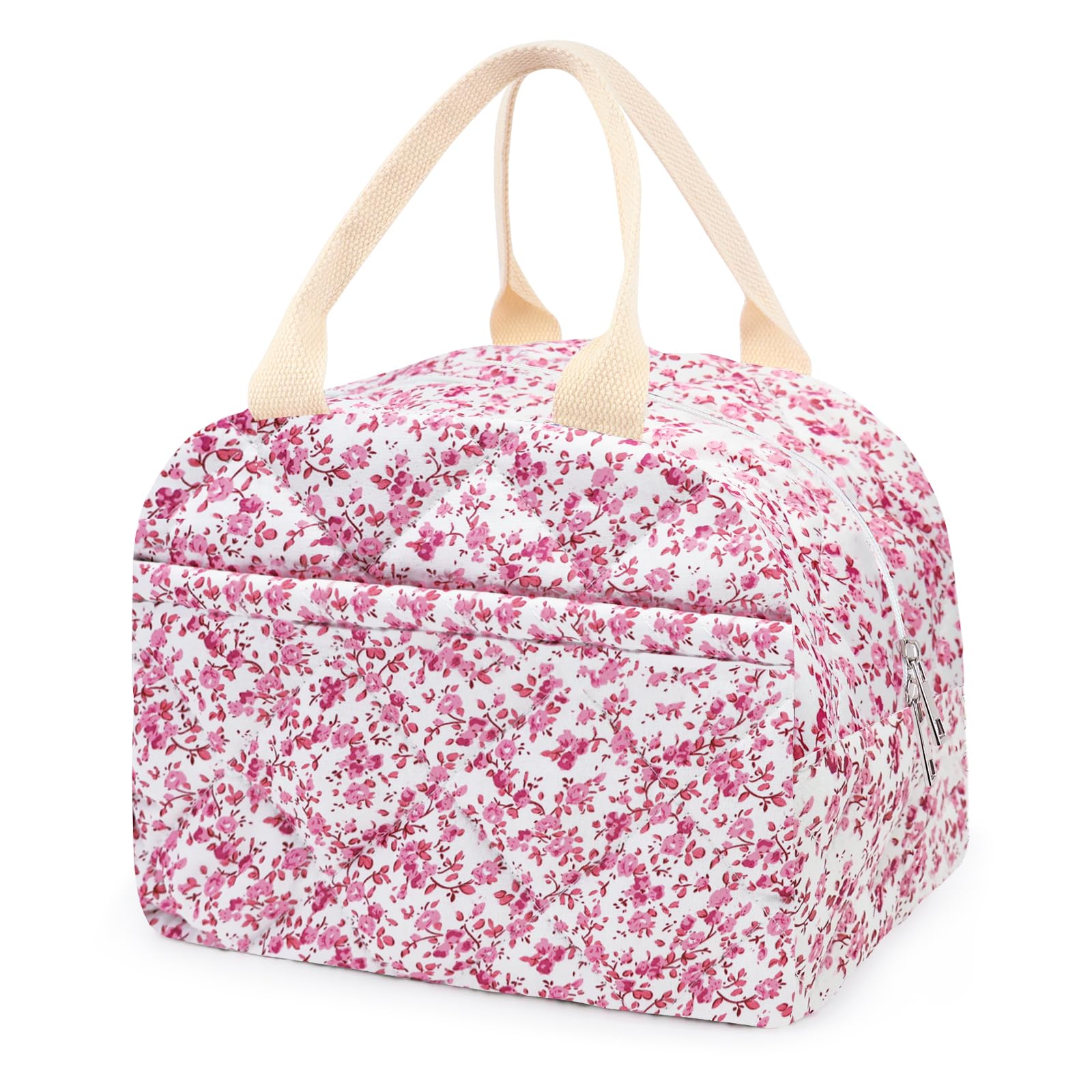 Cotton Quilted Insulated Lunch Bag, Cute Quilted Floral Lunch Tote Bags Reusable Insulated Lunch Box Coquette Aesthetic Large Capacity Insulated