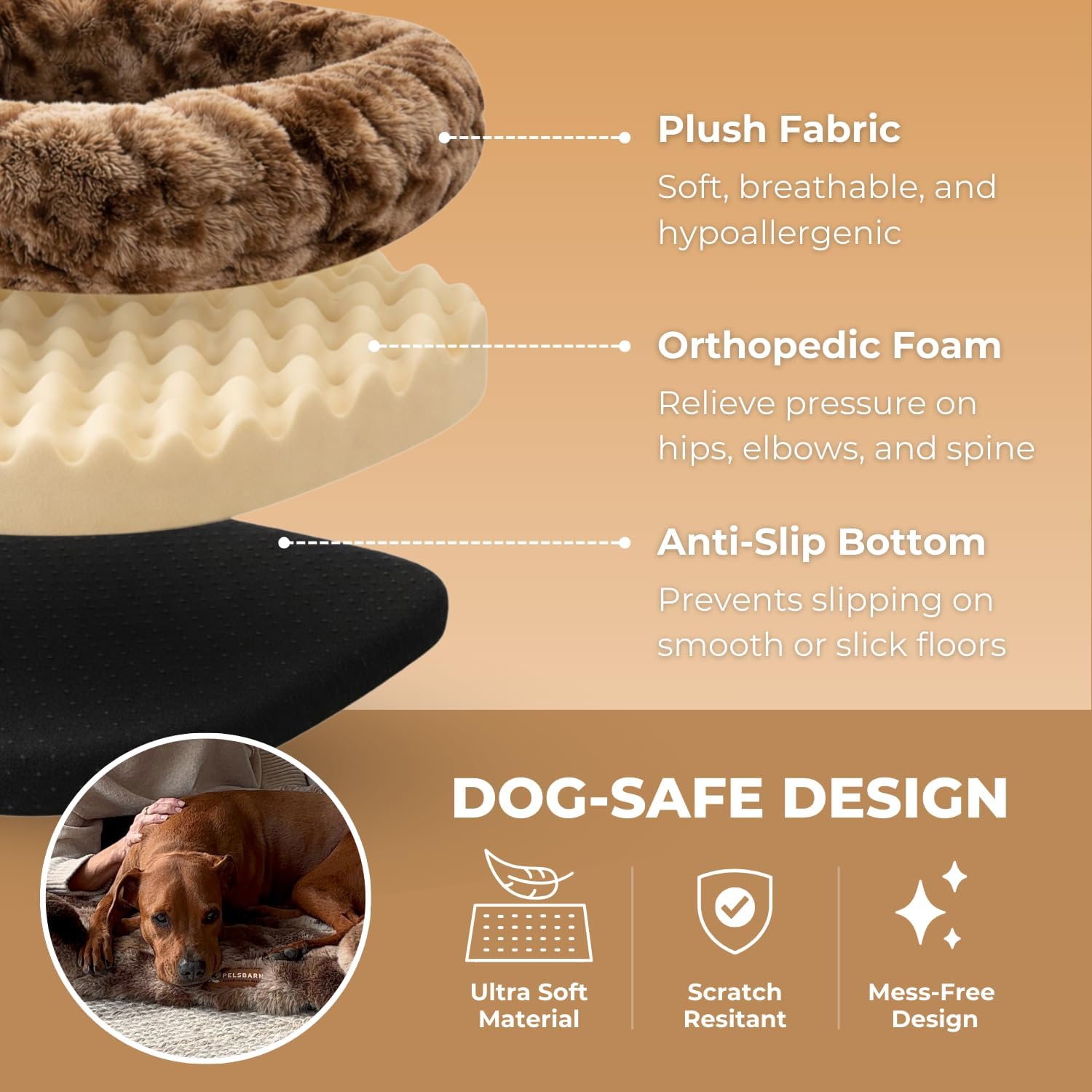 Pelsbarn Luxurious Orthopedic Dog Bed - Large (39.3" x 23.6") Therapeutic Joint Support Pet Bed - Velvety Soft Removable Washable Cover - Brown