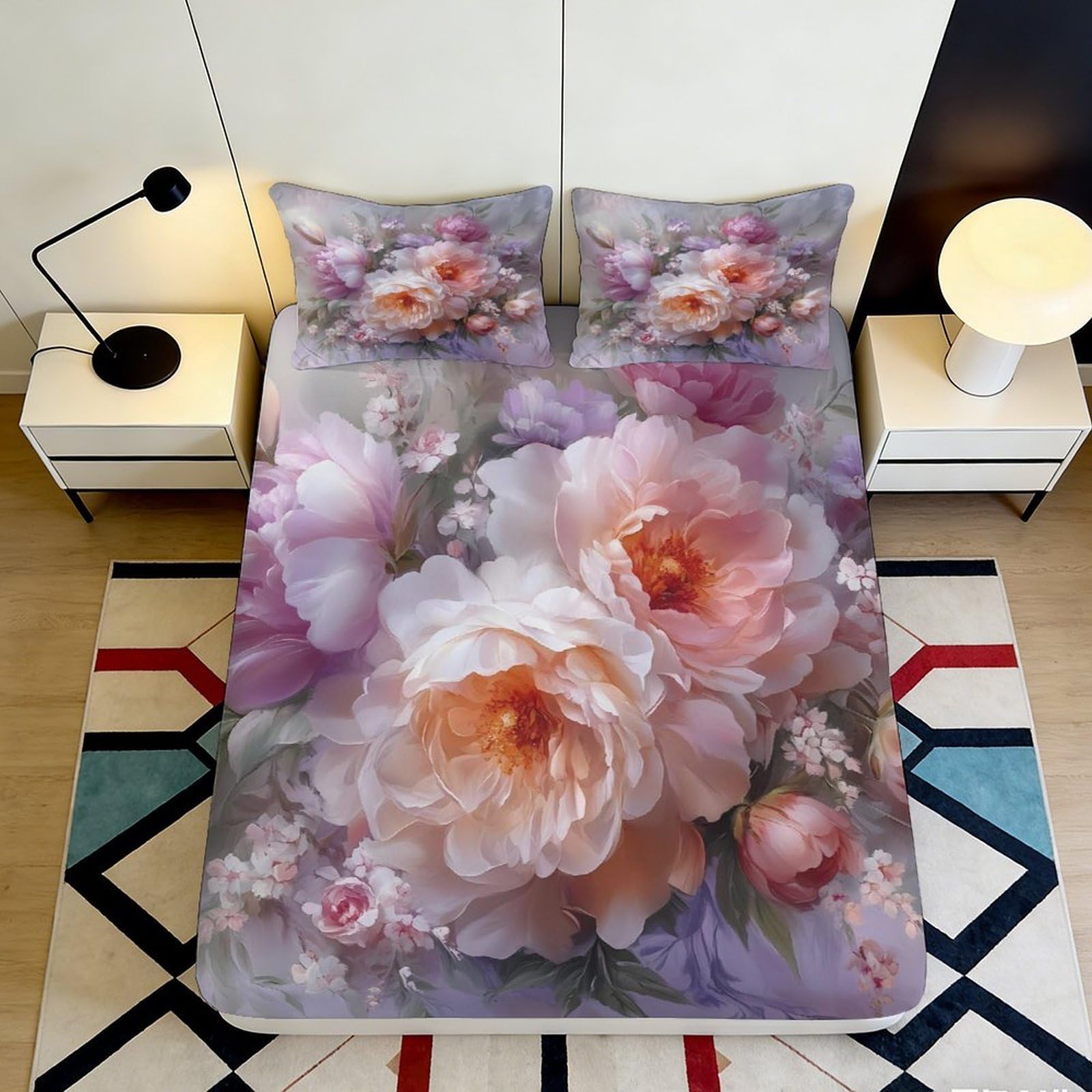 3D Printed Romantic Peony Fitted Sheet Microfiber Soft Pink Floral Blossom Mattress Cover for Bedroom Decor 90x200x25cm