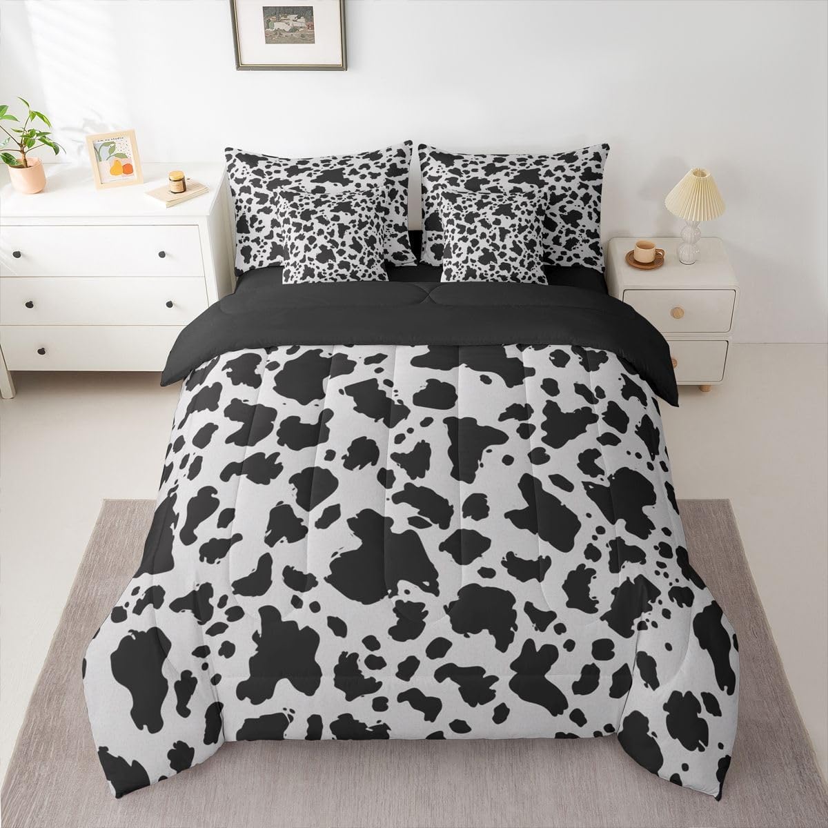 Feelyou Cow Print Comforter Set Queen Size 7 Pieces Black Gray Bedding Set for Kids Boys Girls Cartoon Milk Cow Bed in a Bag with Comforter, Sheets, Pillowcases, Cushion Covers Leopard Bedroom Decor image 3
