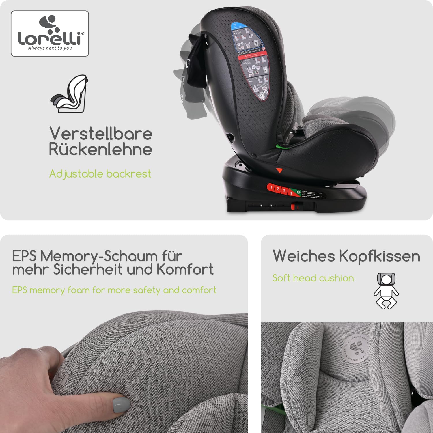 Lorelli Auto Kindersitz Nebula mit Isofix, 360 Grad drehbar, (0-36 kg) Mitwachsender Autositz i-Size 40-150cm - Gruppe 0+/1/2/3, Babysitz ab Geburt, 5-Punkt-Gurt, Einstellbare Kopfstütze, grau