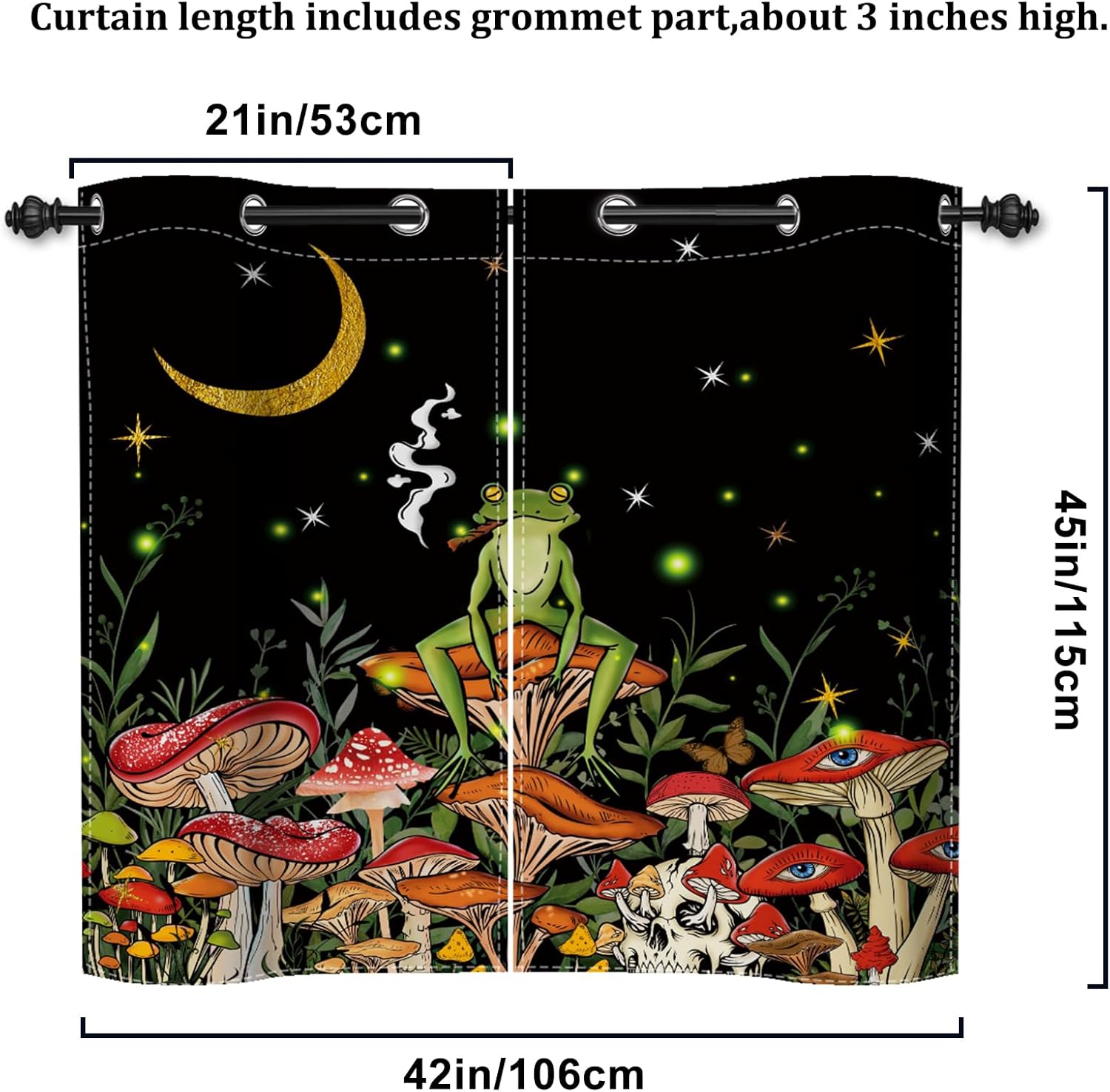 Renaiss Mushroom Decorative Curtains Funny Frog Blackout Window Drapes Fantasy Moon Night Fungi Skull Botanical Grommet Window Treatments for Kitchen Bedroom Living Room Dorm 21x45 Inches x 2 Panels