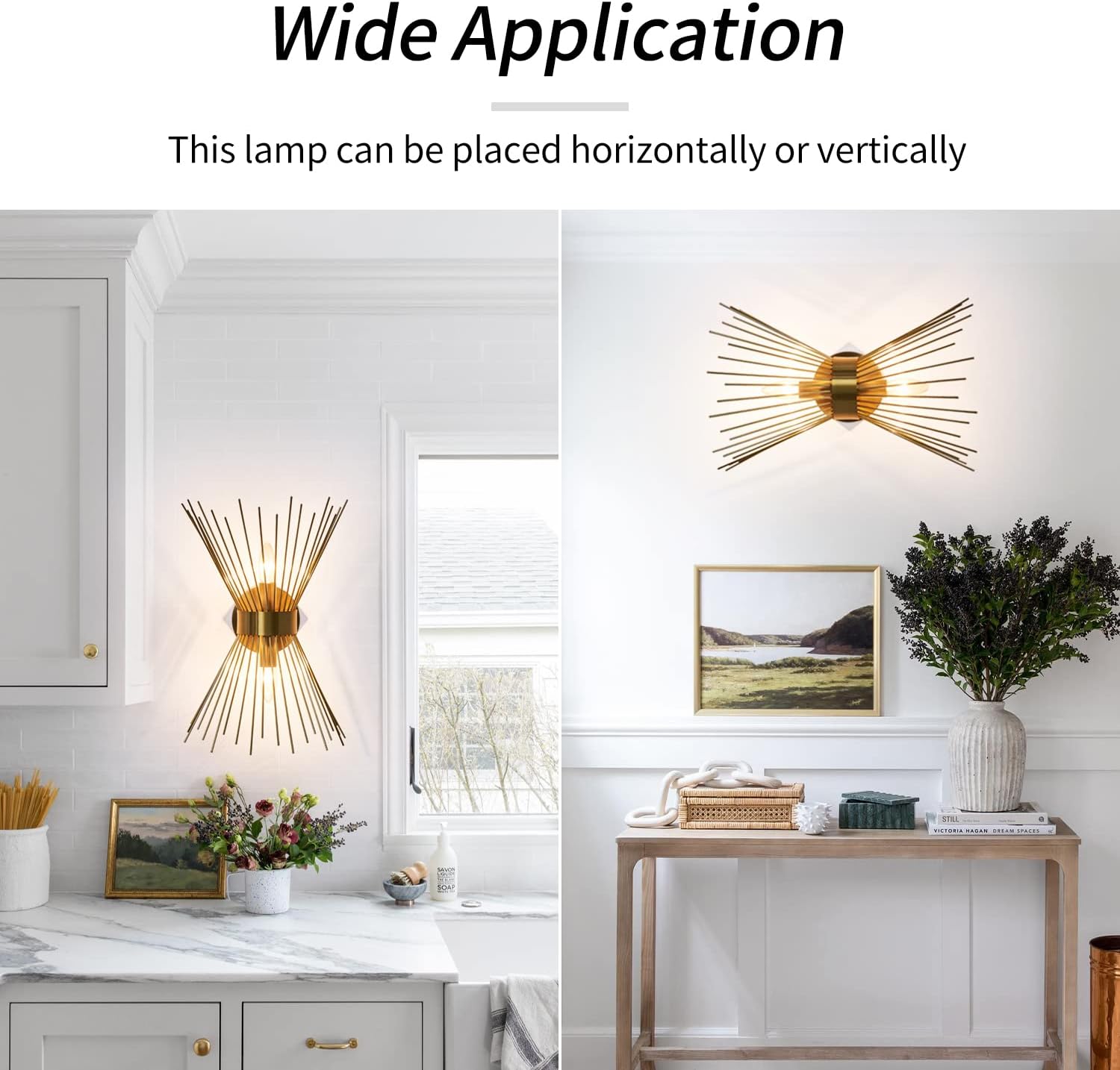 2-Light Bathroom Vanity Light, Mid-Century Modern Starburst Gold Wall Sconce, Bedside Electroplate Brass Wall Light Fixture, Wall Lamp for Powder Room Bedroom Bathroom Hallway Entryway, Set of Two