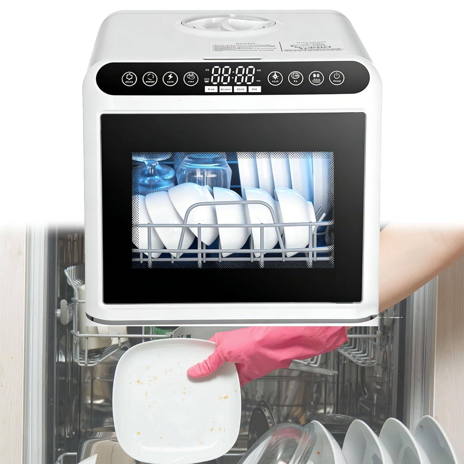 Un lavavajillas de sobremesa inteligente y totalmente automático: un minilavavajillas portátil diseñado específicamente para cocinas pequeñas y vehículos recreativos.