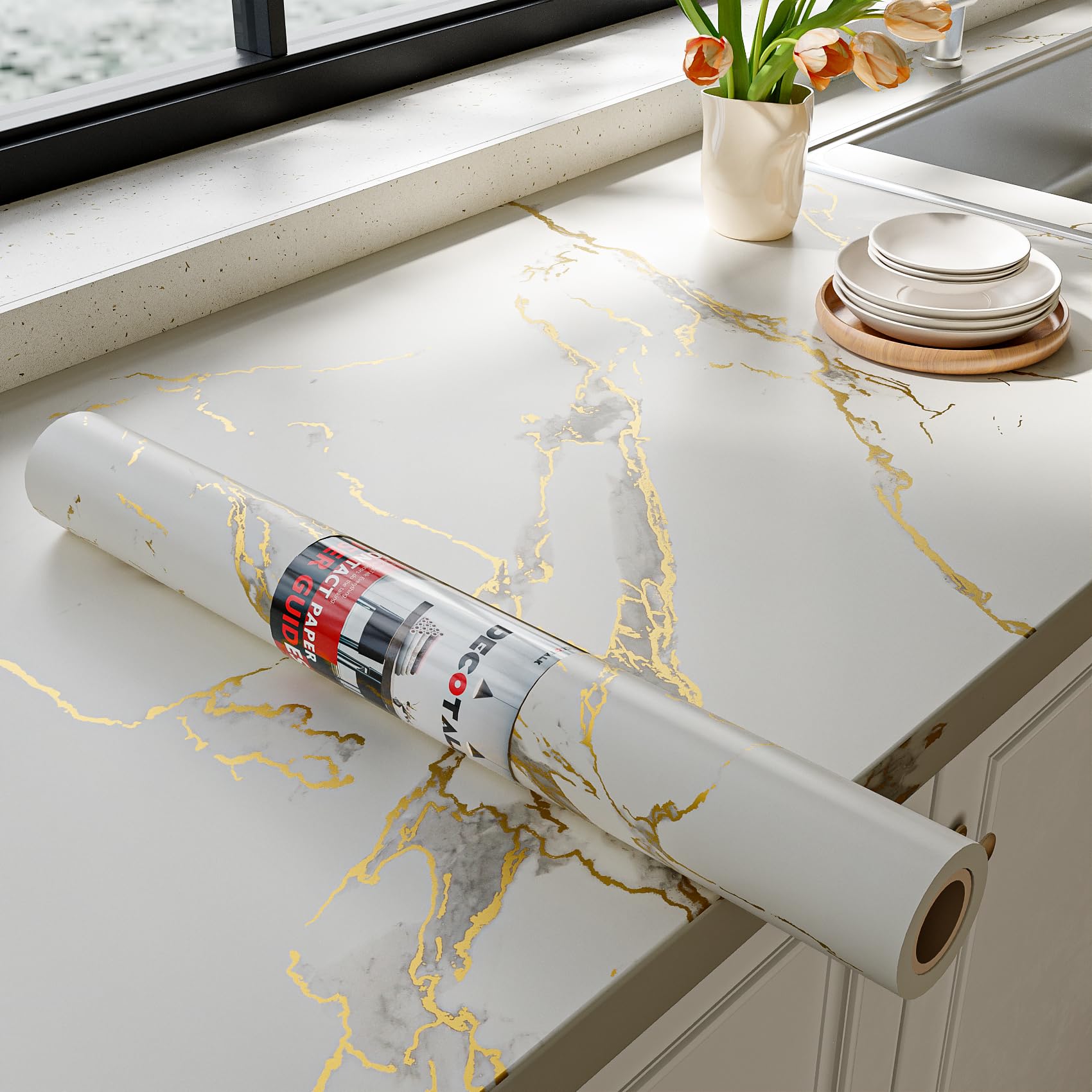 Decotalk Möbelfolie Selbstklebend Marmor Folie Weiß Gold 81X300cm Klebefolie Möbel Küche Weiß Matt Wandtapete Selbstklebend Arbeitsplatte Folie Marmoroptik Küchenfolie Möbelfolie Fur Küche Bad