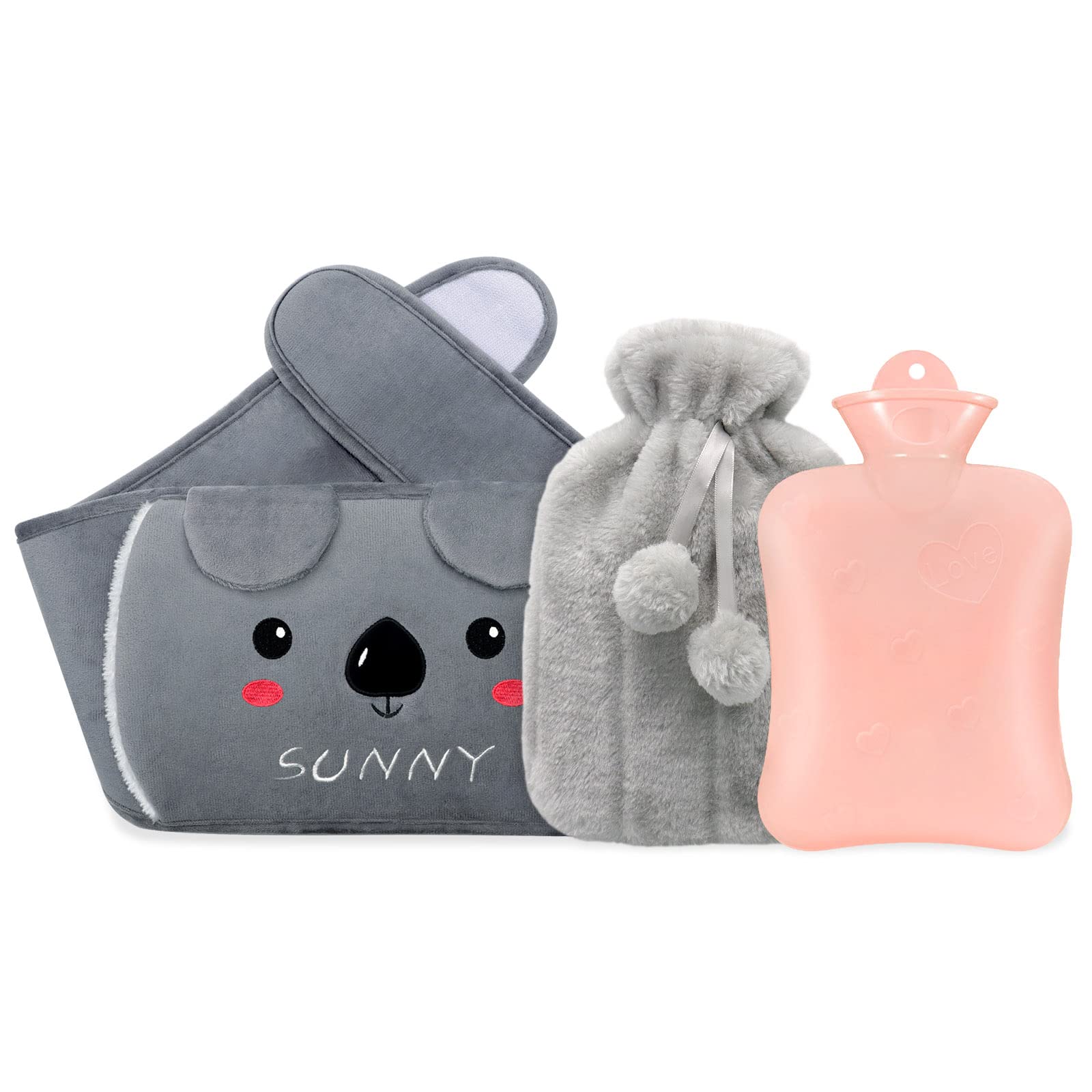MOTONG3PCS Hot Water Bottle Belt Fluffy Cover, Detachable Waist Warm Water Bag, Soft Artificial Plush Fur Prime Natural Rubber Water Cover, Help for Pain Relief Waist,Back,Neck,Shoulders(Grey)