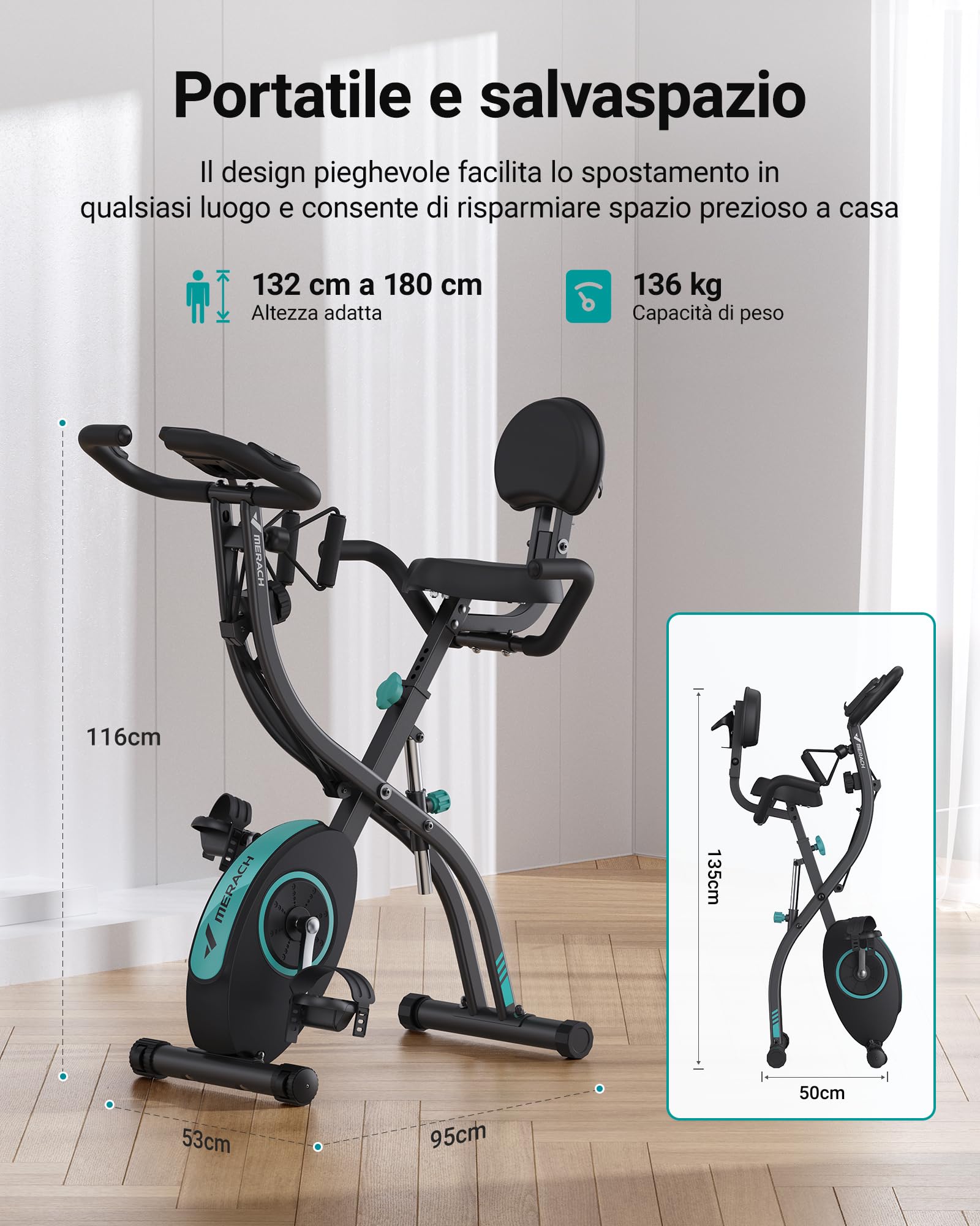 MERACH Cyclette da Casa con App di Allenamento, Silenziosa Cyclette Pieghevole 4-in-1, Resistenza Magnetica a 16 Livelli, Display LCD, Misurazione del Battito, Fascia di resistenza, Sella Confortevole
