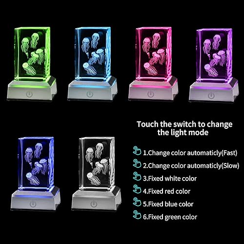 Miniatura 6 de LONGWIN Figuras de medusas de cristal 3D, luz nocturna multicolor, regalos grabados con láser de vidrio para niños y niñas en cumpleaños, Navidad,