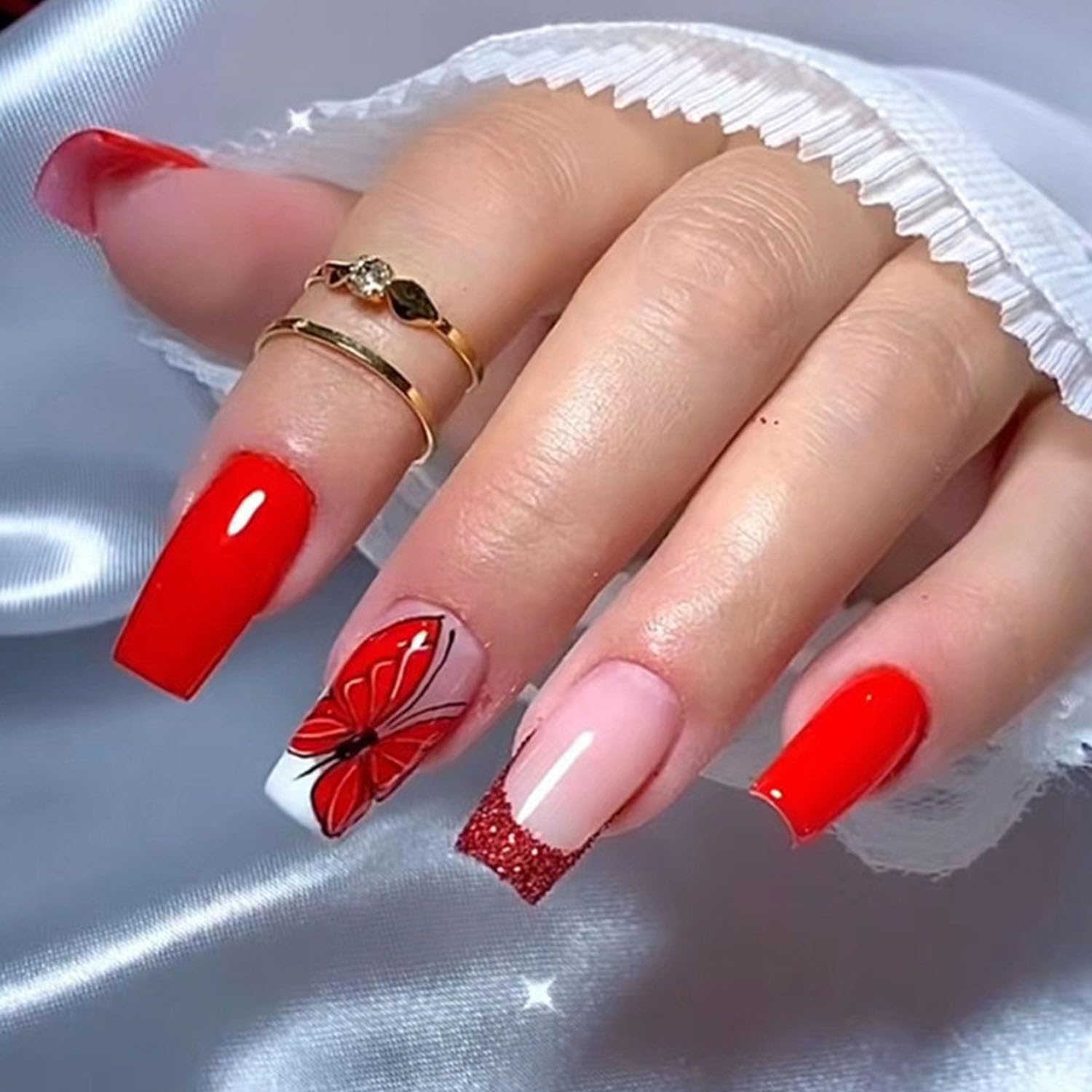 MAOTTIE Red Coffin Press on Nails Medium Fake Nails Butterfly Glue on Nails French Tip Acrylic Nails Glitter Full Cover Nails Press ons Glossy Summer