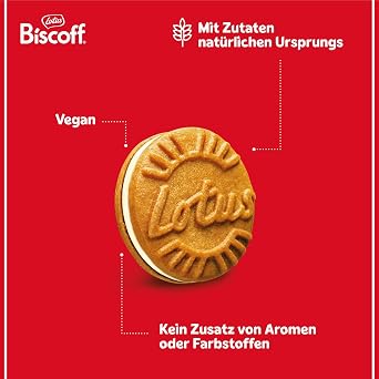 Lotus Biscoff Sandwich Doppelkekse Vanillecreme-Füllung Einzigartiger knuspriger Geschmack Vegan Kein Zusatz von Aromen oder Farbstoffen 15 Doppelkekse pro Packung 9 x 150g 1.35 kg Vegan Only Natural Ingredients No Dyes