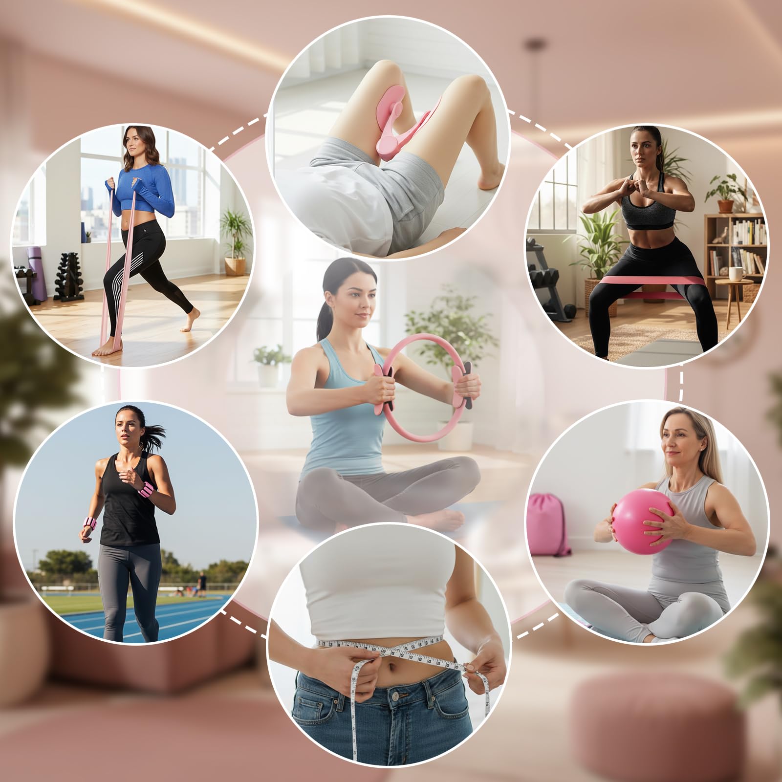 All-in-One Home Workout Kit für Frauen - Pilates Kit mit Knöchelgewichten Magic Circle 12 Zoll Widerstandsbänder Mini Pilates Ball Tragetasche - Anfänger Pilates Geschenkset für Muttertag Geburtstag