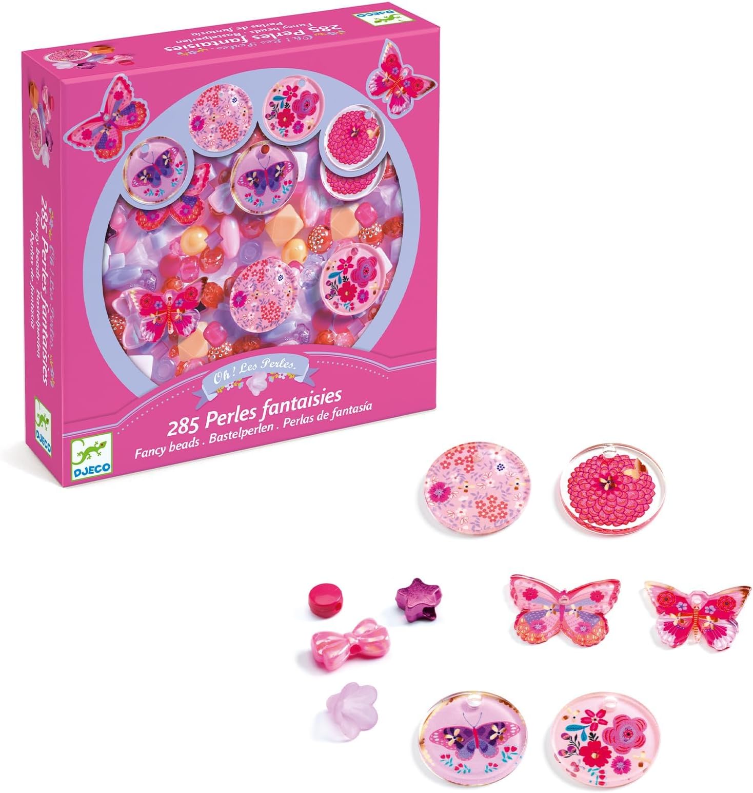 Djeco Butterflies Fancy Beads Jewellery Making Kit for Kids Ages 6-10 285 Acrylic Beads with Butterfly Charms Elastic Cord Create Bracelets and Necklaces Colourful DIY Craft Activity Set
