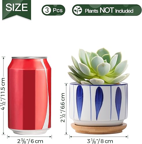 Miniatura 6 de T4U Juego de 3 macetas para suculentas con bandeja de bambú, macetas de cerámica de 3 pulgadas para plantas, maceta de estilo japonés, regalo para