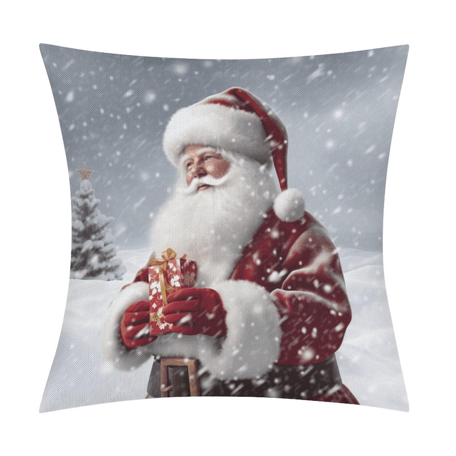 JTREHY Santa Claus Snow Secenry Throw Pillow Covers Farmhouse Pillow Cover Standard Pillow Shams Decorative Square Pillowcases Soft Pillow Cases Wrinkle Fade Resistant for Couch Home 18x18 Inch