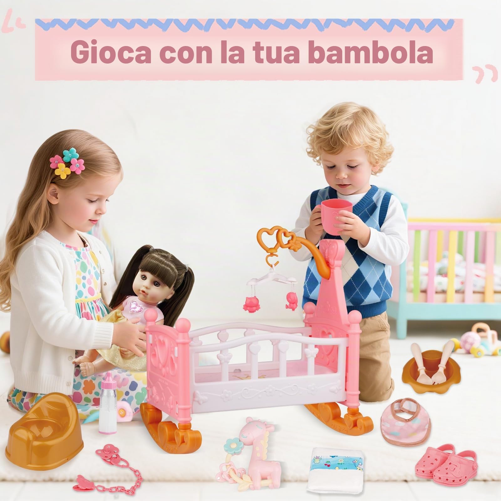 RedCrab Set Bambola con Accessori, 32cm Bambola con Funzione di Alimentazione, Lettino, Seggiolone, Vestiti, Biberon, Tettarella, Vasino e Pannolini, Giocattolo Regalo per Bambina 3+ Anni