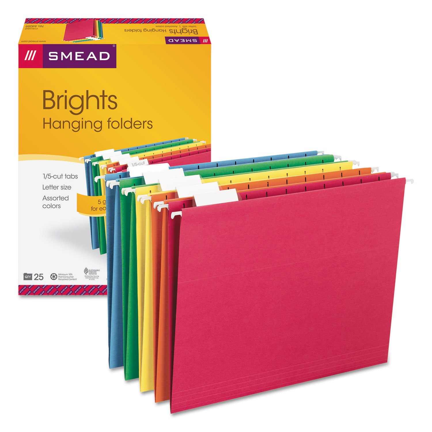 Smead Hanging File Folder, 1/5-Cut Adjustable Tab, Letter Size, Assorted Colors, 25 Per Box (64059)
