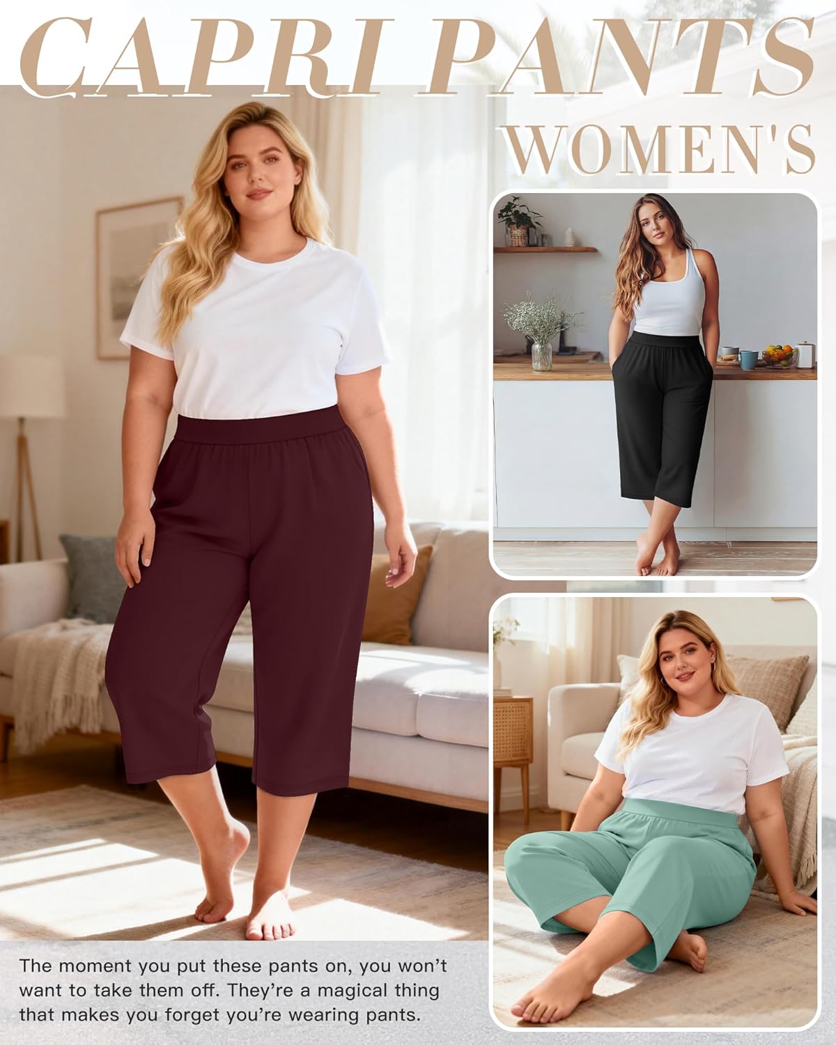 Huukeay 3 Pack Women's Plus Size Capri Pants Loose Fit Wide Leg Capris Sweatpants Summer High Waisted Yoga Pants with Pockets - Image 2