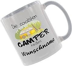 Crealuxe Kaffeetasse - Die Coolsten Camper heißen (Wunschname) - Spruchtasse, Bürotasse, bedruckte Keramiktasse, mit Spruch, Hochwertige Kaffeetasse, Tasse personalisiert mit Name (Grau)