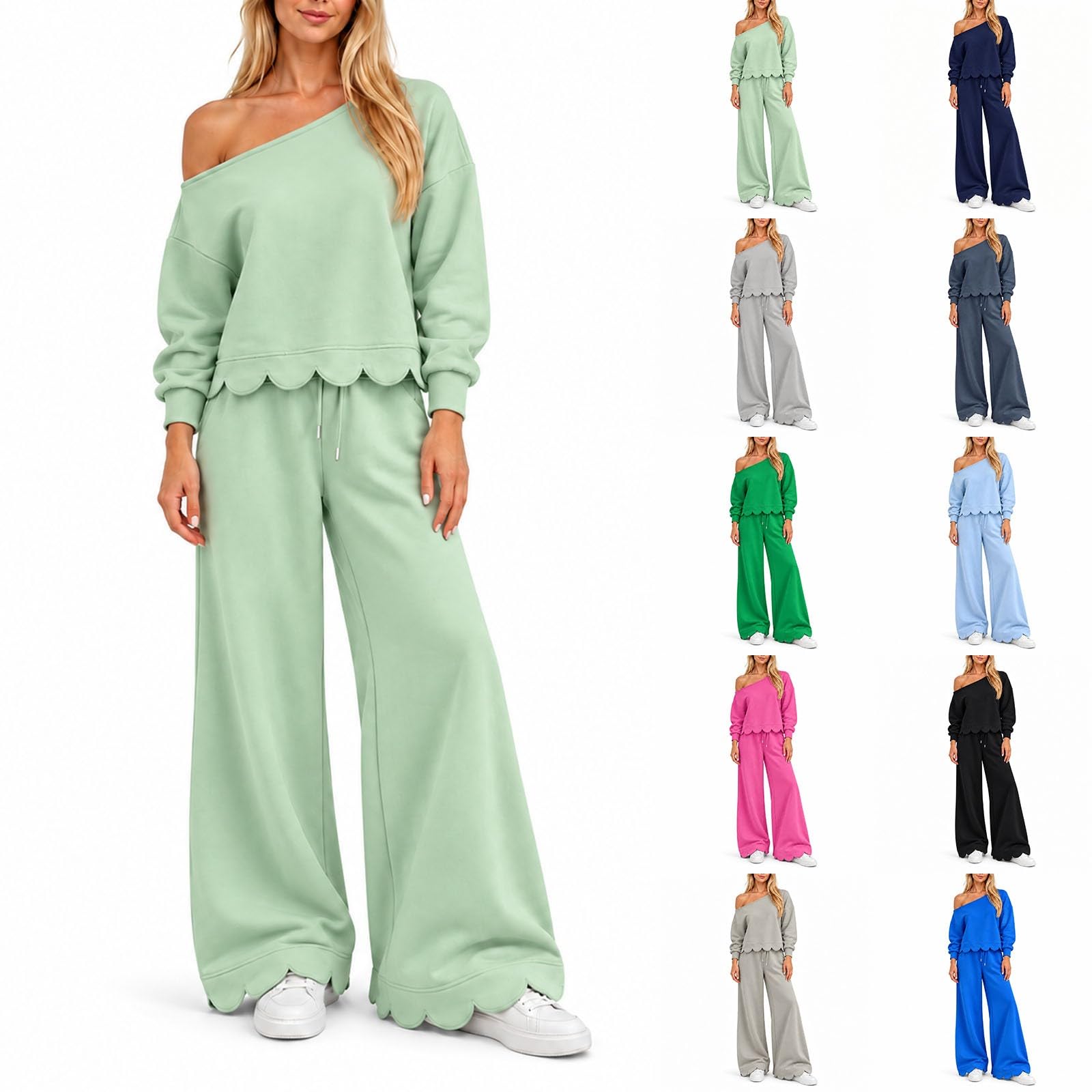 Women Jogging Suits 2 Piece Set Off The Shoulder Long Sleeve Sweatshirts Wide Leg Sweatpants Casual Sweatsuits