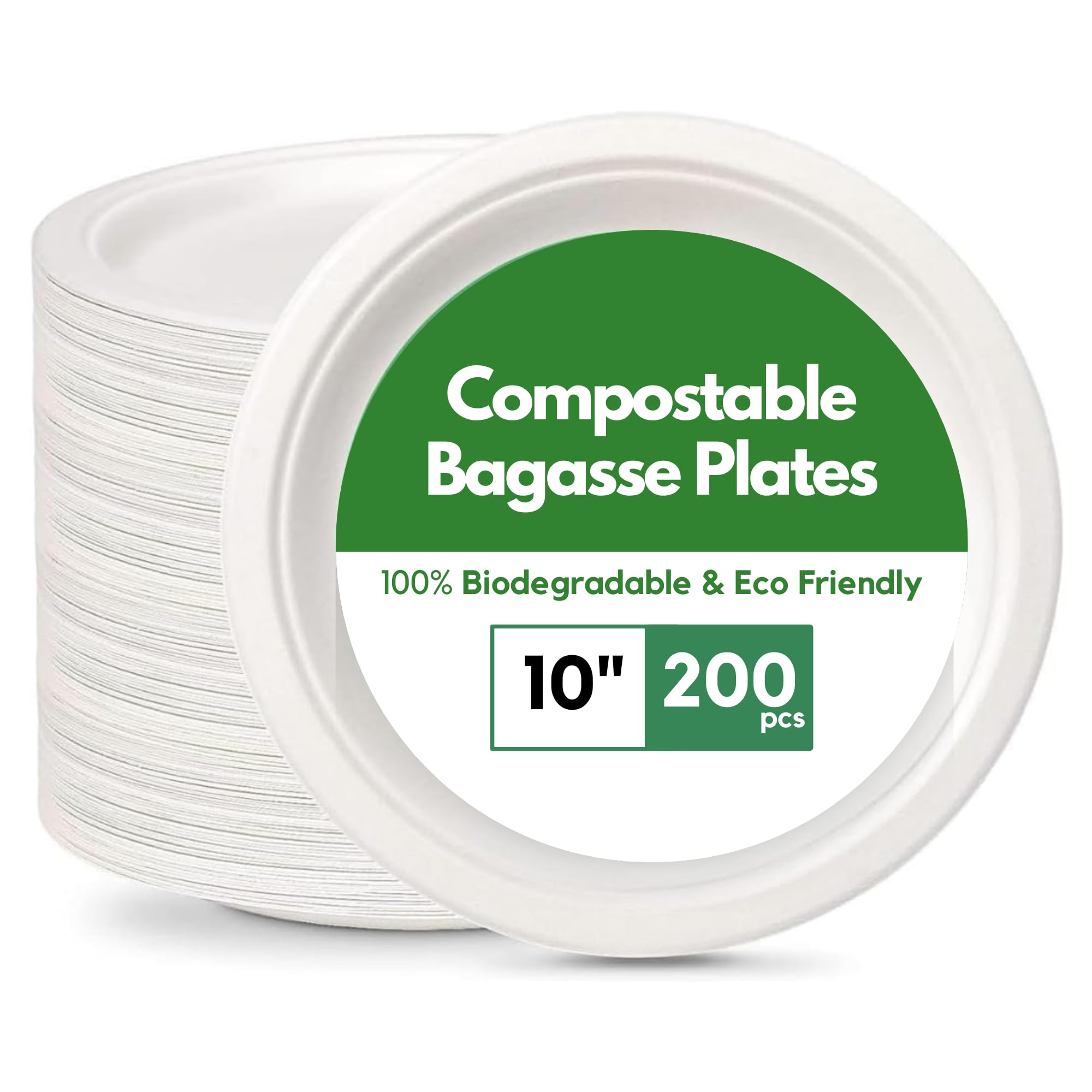 CaterCo Disposable Bagasse Paper Plates - White Eco-Friendly, Compostable, Super Rigid Tableware, Biodegradable, Sugarcane Plate, Heavy-Duty for Parties, Picnics, BBQs, Microwavable - 10 Inch 200 Pack