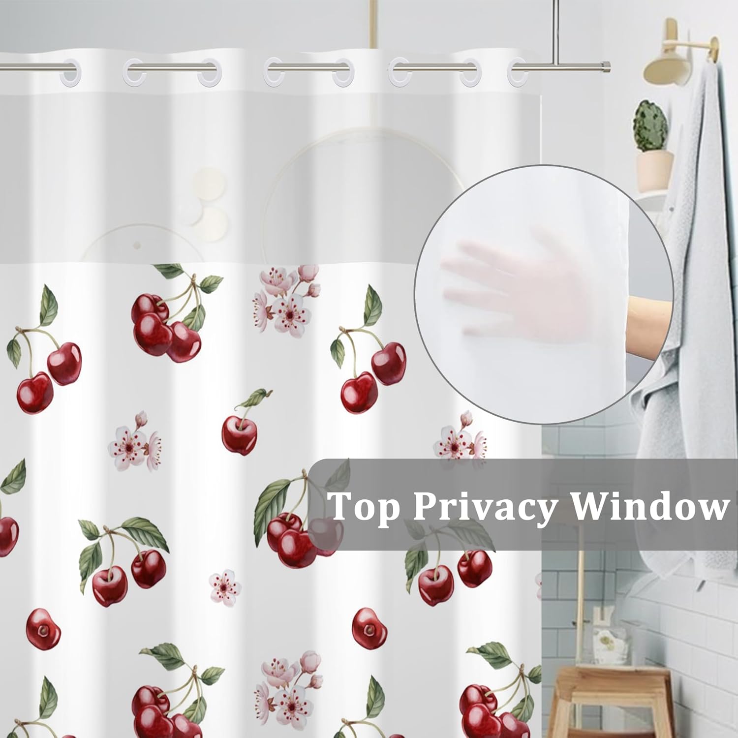 Baocicco Cherry No Hook Shower Curtain Sweet Pink Fruits See Through Top Window Open Grommet Bath Curtain Girls Bathroom Decors Hotel Style Double Layers with See Through Mesh Top Window 71x74 Inch