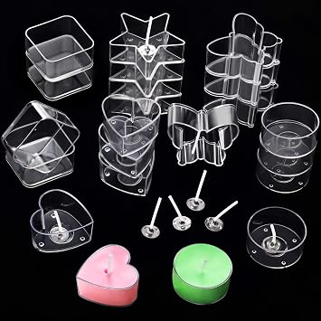 Plastic Clear Tea Light Cup Holders - Heat-Resistant Plastic Votive Containers in Heart, Square, Star, Round, Butterfly Shapes - Tealight Cups with 25 mm Candle Wicks for DIY Candle Making 20 Pieces