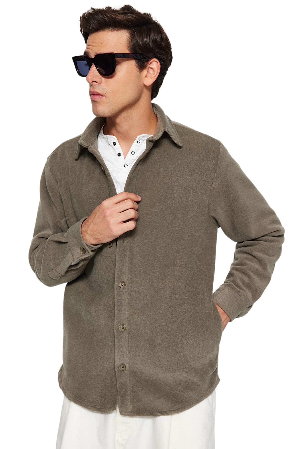 Trendyol Man Basic Woven Shirt,Khaki,L
