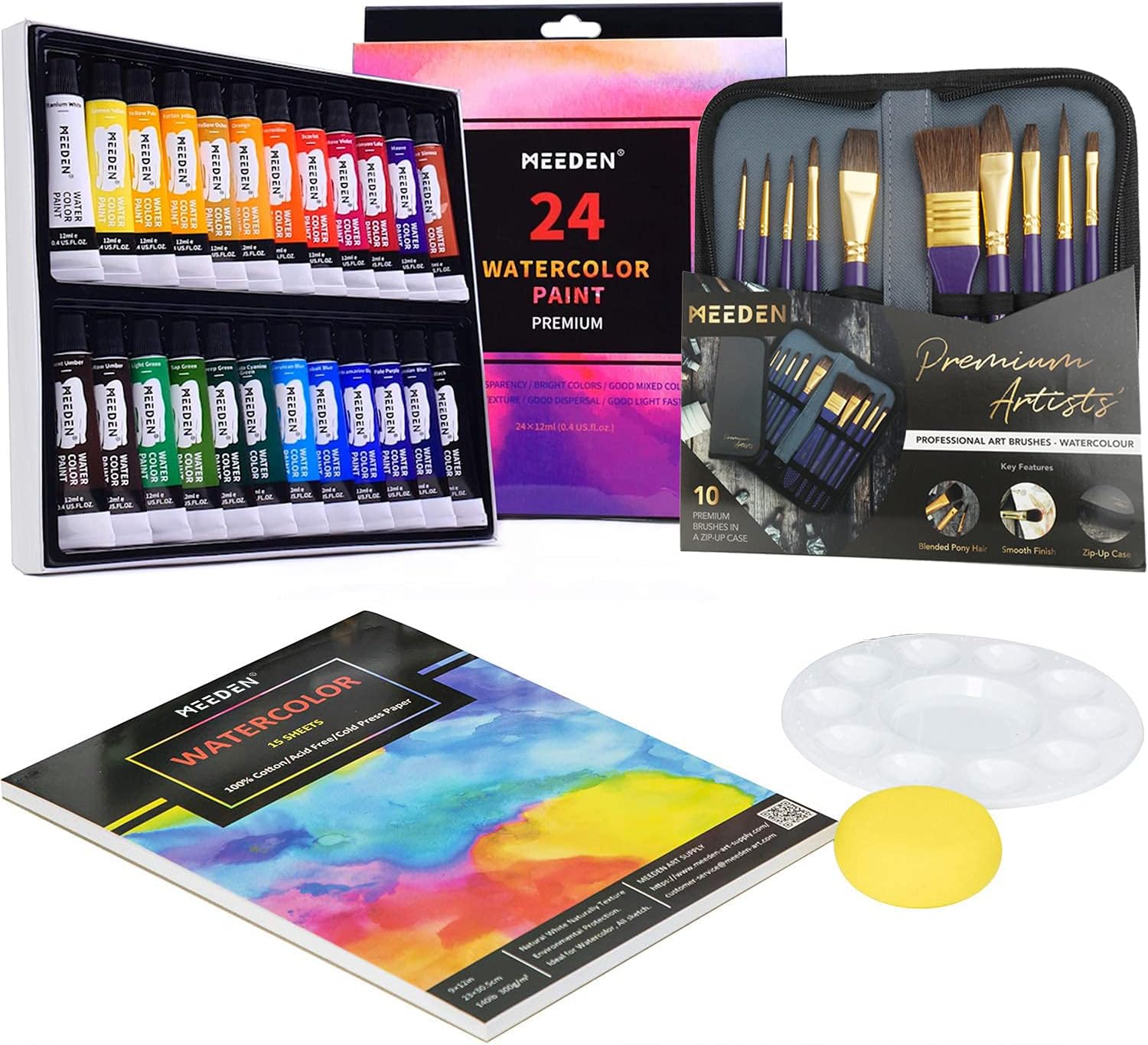 MEEDEN 37 Pcs Watercolor Painting Kit with 24x12ML Watercolor Paint Set,Watercolor Paintbrushes, Watercolor Painting Pad, Watercolor Palette & Art Sponge, for Beginners, Students & Kids