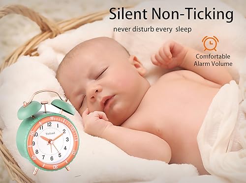 Miniatura 4 de Reloj despertador para personas que duermen con mucha fuerza, reloj despertador analógico retro, silencioso, sin tictac, con luz manual, pequeño
