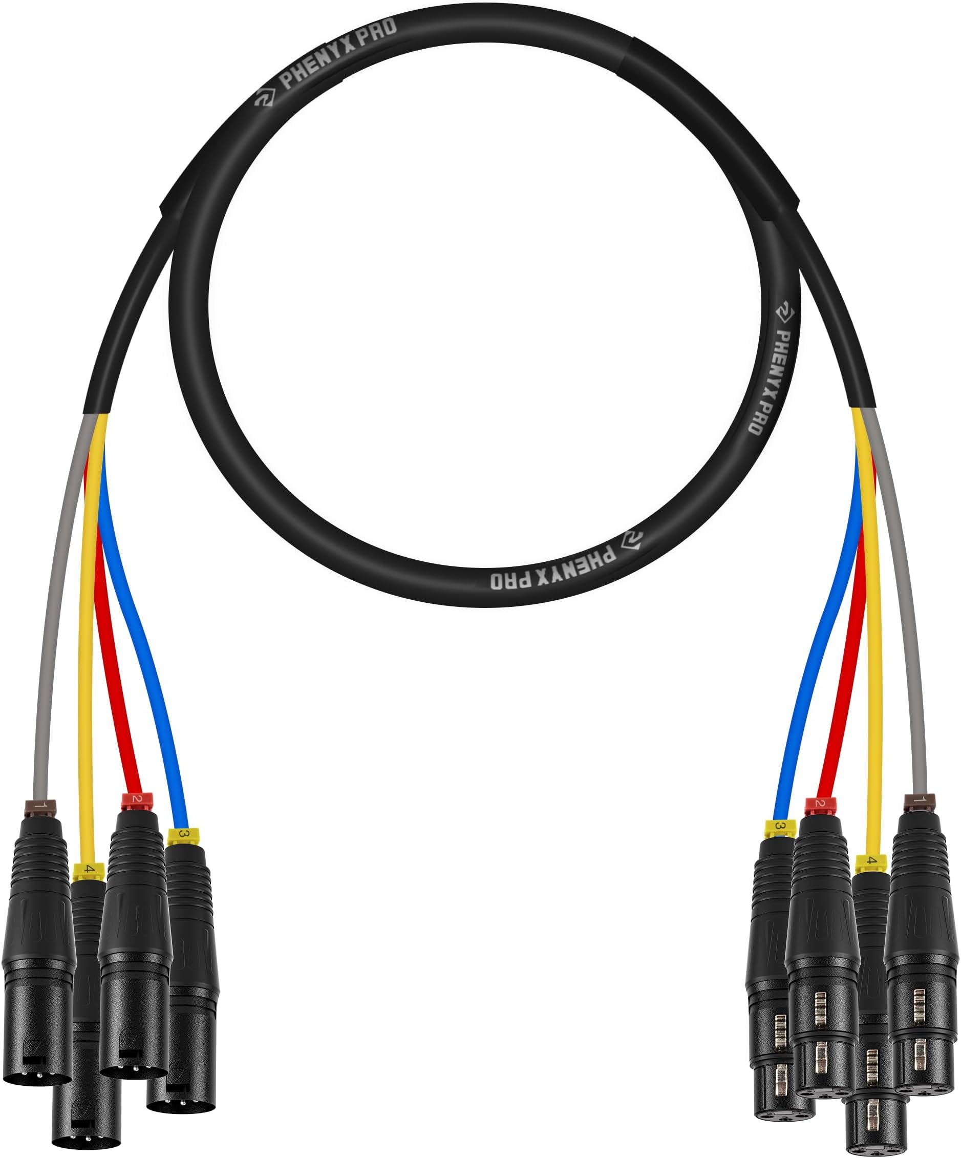 Phenyx Pro 4-Channel XLR Cable, 3 Ft Snake Cable, Balanced Microphone Cord, XLR Splitter, Color-Coded, 4-in-1 Design, 3-PIN Male to Female Patch Wire, w/OFC Copper (PCBL-4IN1-3)