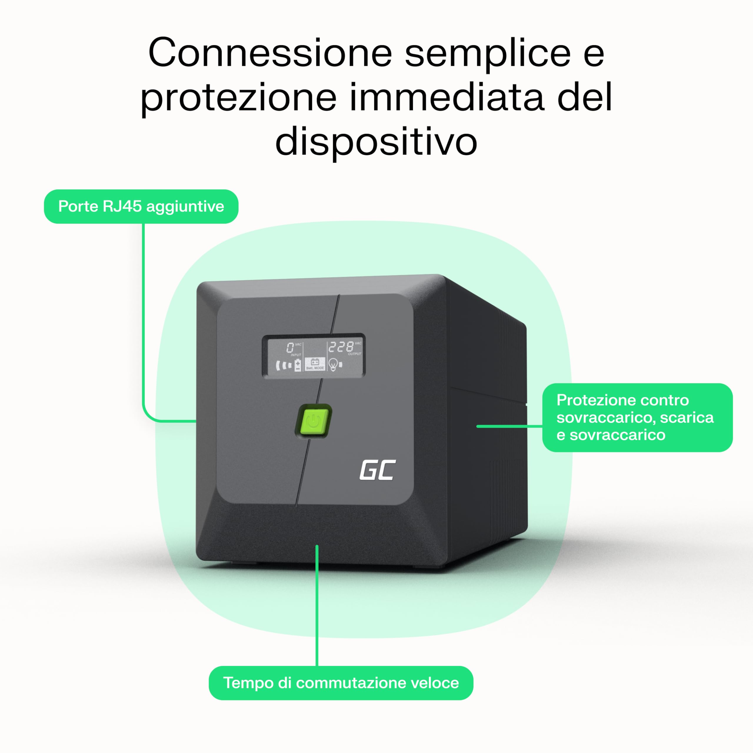 Green Cell PowerProof Gruppo di continuità UPS 2000VA/1200W con display LCD, onda sinusoidale modificata, protezione sovratensioni, alimentazione di emergenza, USB/RJ45, 4 prese Schuko + IEC