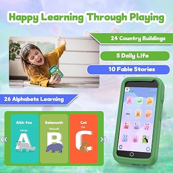 Kids Toy Smartphone, Toddler Play Phone for Boys, Fake Play Dinosaur Toy Phone for Boys Girls Age 3-12, Christmas Birthday Gifts with 3.97 Touchscreen 200+ Puzzle Game, Music Player(Green)