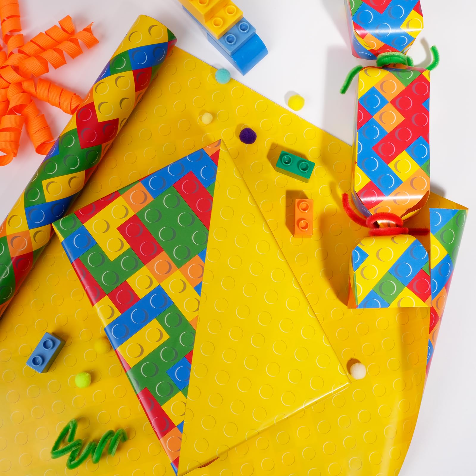 BIOBROWN Reversible Building Blocks Wrapping Paper for Boys Girls - 17 Inch X 33 Ft - Colorful Building Bricks Design Gift Wrap Paper for Kids Birthday Party Toy Lovers