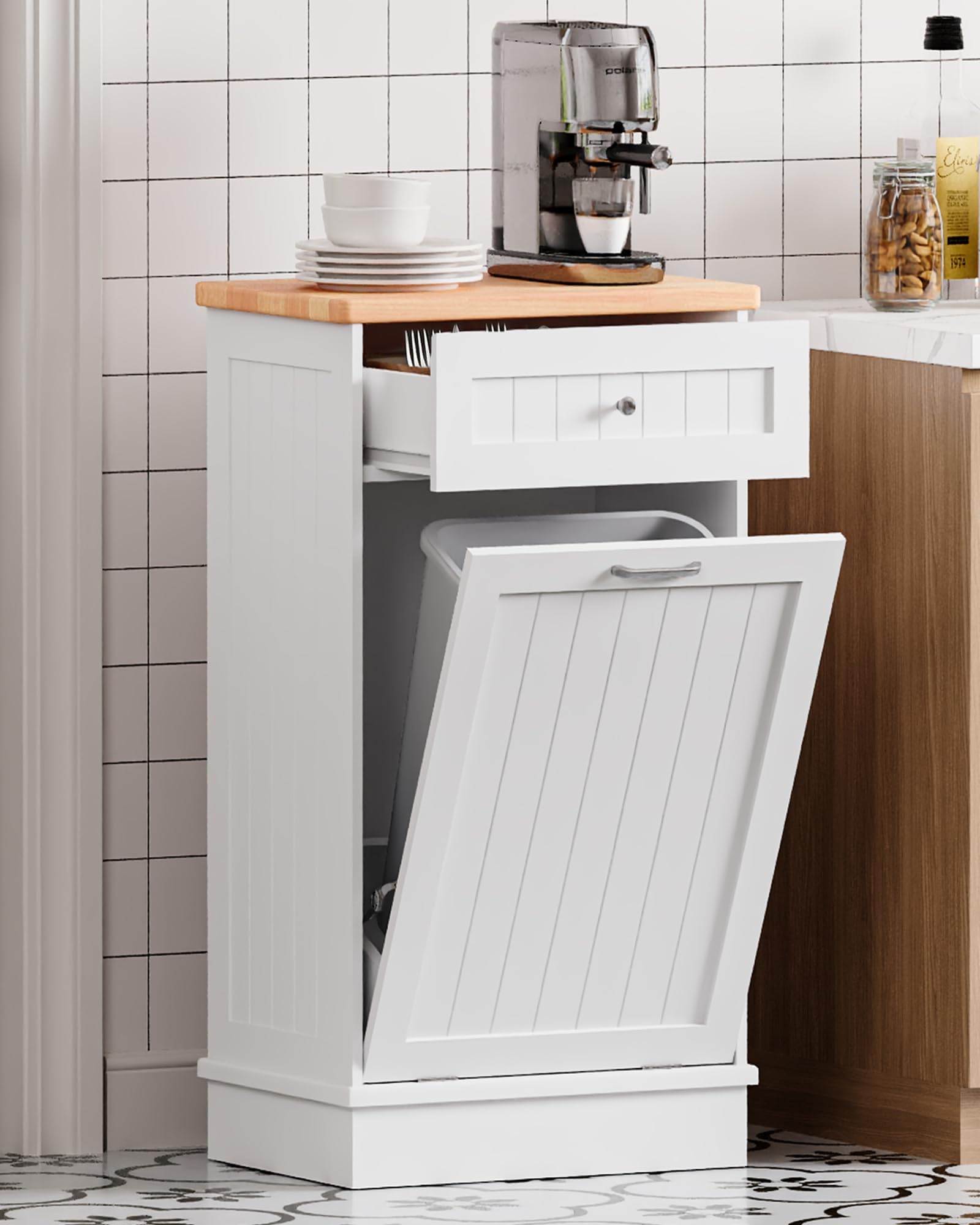 Betterhood 10 Gallon Tilt Out Trash Cabinet with Big Storage Drawer, Wooden Trash Garbage Can Cabinet, Mid-Century Modern Recycling Cabinet & Laundry Sorter for Kitchen Dining Room, White