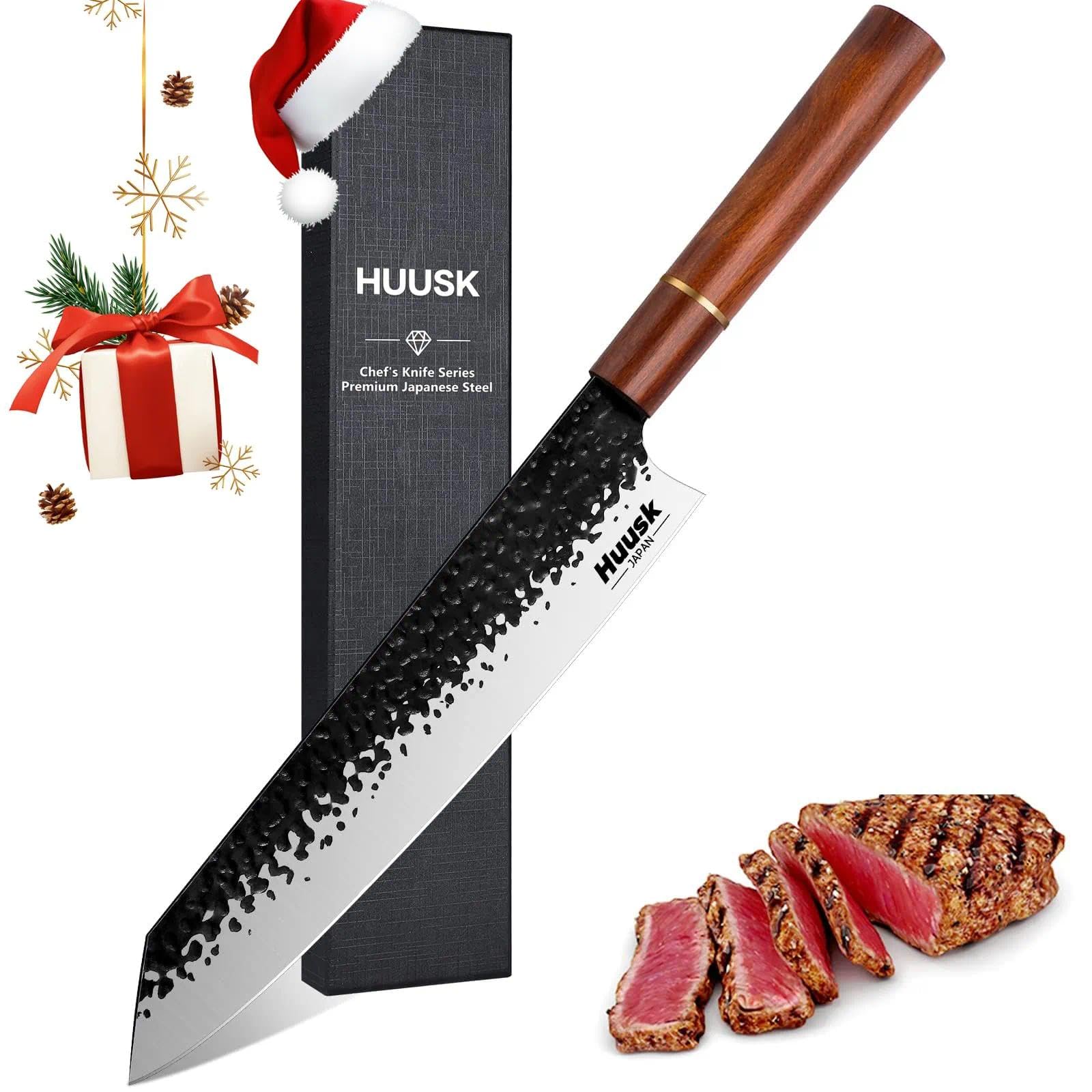 Huusk Kiritsuke Chef Knife - 9 Inch Japanese Kitchen Knife, Professional High Carbon Steel Sharp Sushi Knives with Ergonomic Rosewood Handle for Meat, Fish, Vegetables, Christmas Gifts for Men