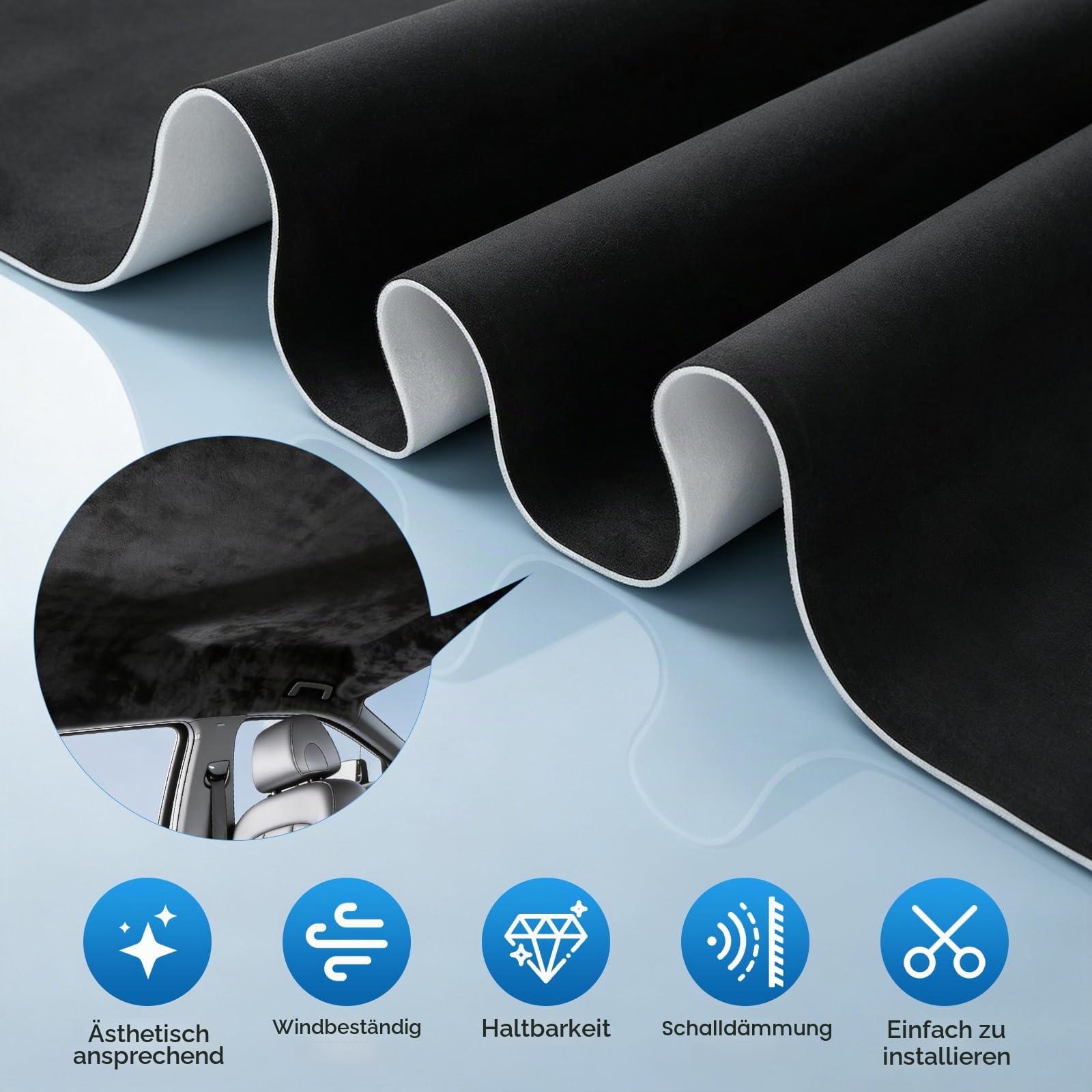 Dachhimmel Stoff Wildleder 244x152cm, 4mm Verdickter Autohimmelstoff mit Schaumrückseite, Schalldämmend Kratzfest Wildlederoptik Stoff für Auto Wohnmobil Boot Innenrenovierung, Schwarz