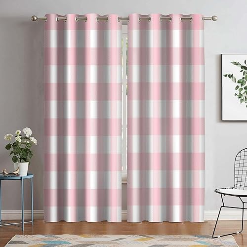 Cortinas de ventana de búfalo rosa para ventana de dormitorio, estética de cuadros a cuadros rosa y blanco, cortinas opacas para oscurecer la