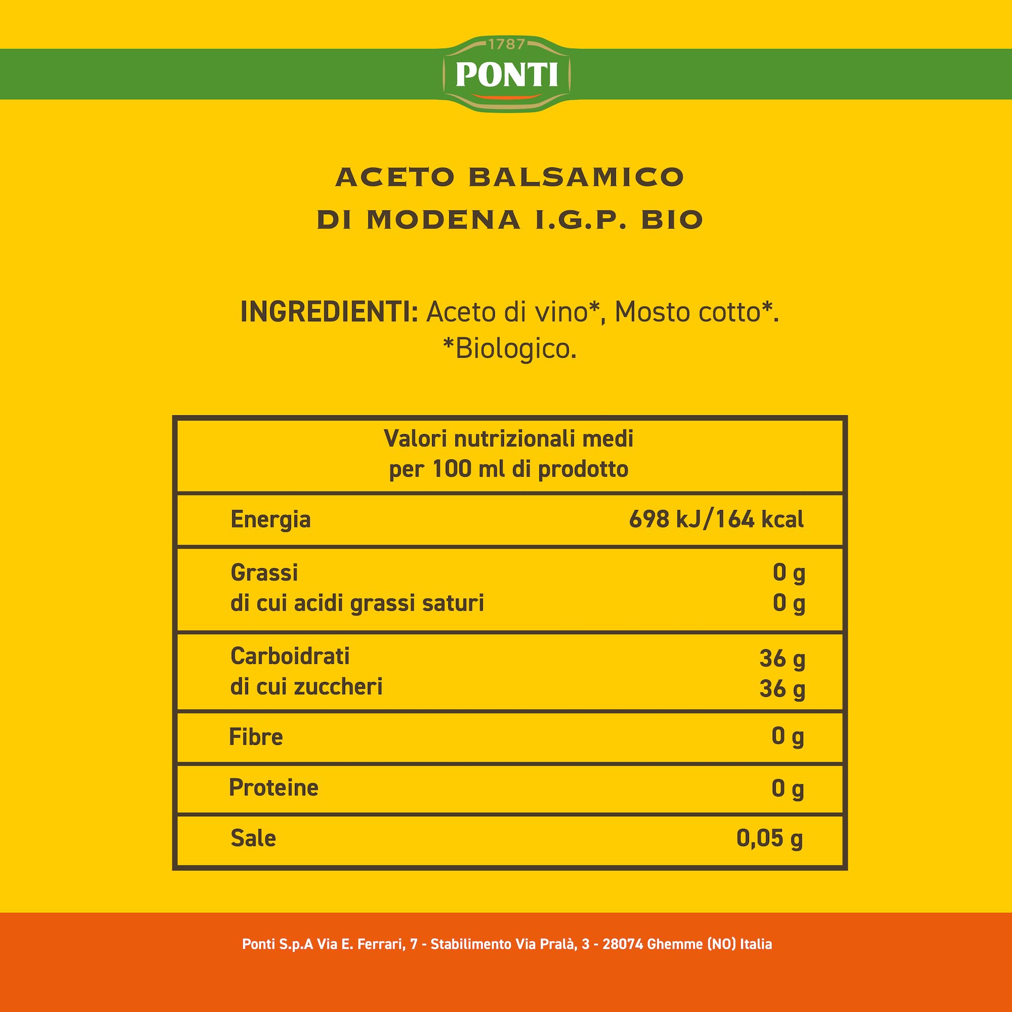 Ponti, Aceto Balsamico di Modena I.G.P. Bio, Aceto Biologico dal Profumo Intenso e Fragrante, Sapore Equilibrato, Ideale per Cani Rosse Curde e Cotte, 100% Made in Italy, Set 6 bottiglie da 500 ml