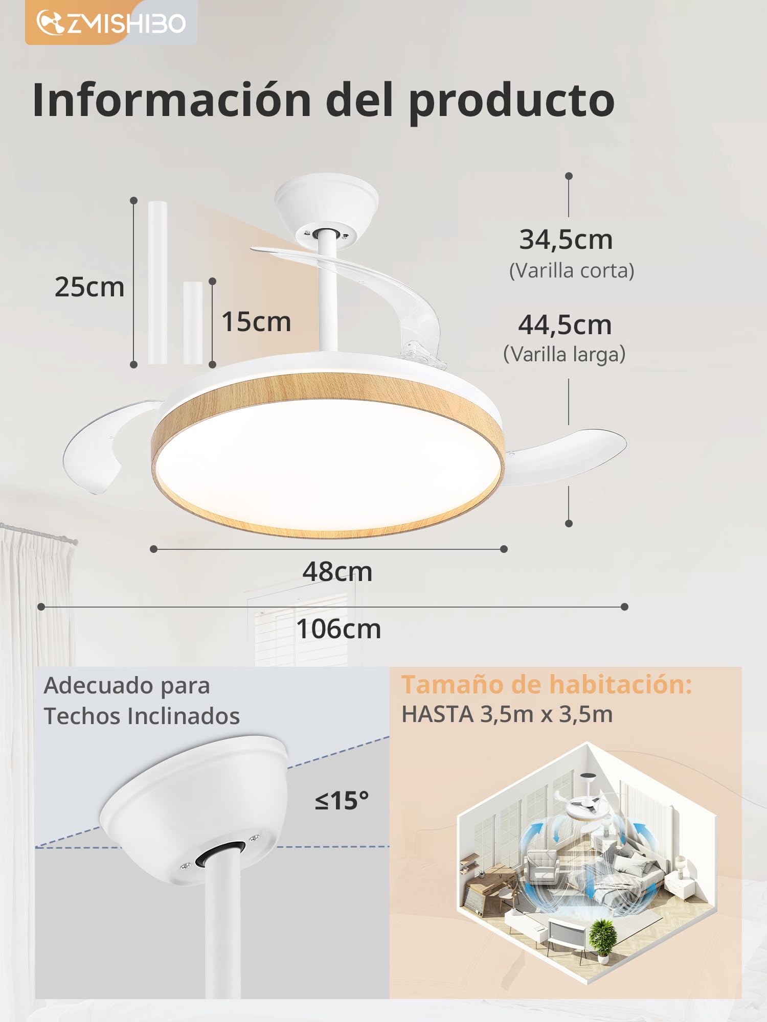 ZMISHIBO Ventilatore da soffitto con luce 106 cm, ali invisibili, CCT 3000 K – 6500 K, funzione estiva e invernale, motore DC 30 W + LED 38 W, 6 velocità, silenzioso, timer 2 h/4 h, legno chiaro