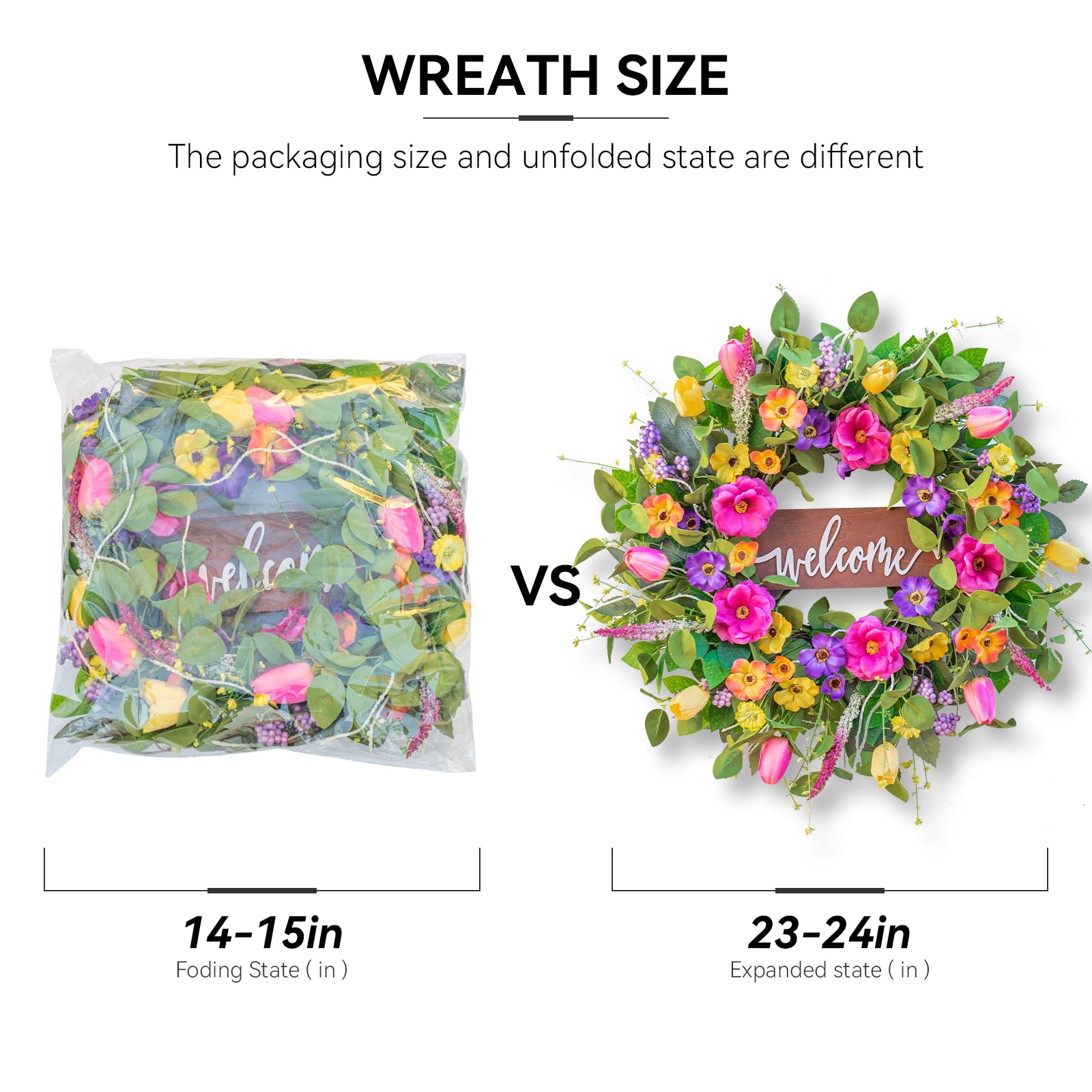 Pinkpuii Spring Wreaths for Front Door Outside – 24 Inch Artificial Tulip & Wildflower Summer Wreath with Green Eucalyptus Leaves and Welcome Sign- Indoor Outdoor Farmhouse Home Porch Wall Decor