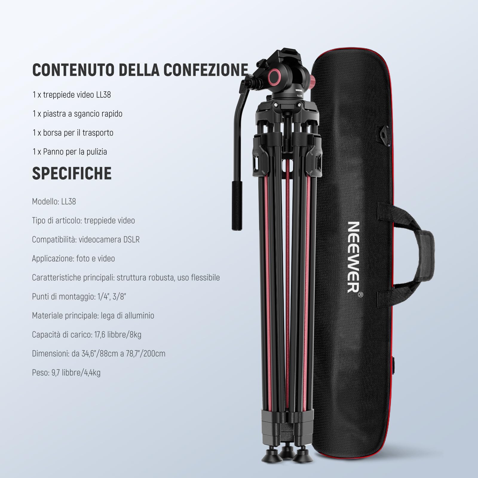 NEEWER LL38 2m Treppiede Video per Fotocamera con Testa Fluida e Panno Pulizia, Tripod in Metallo Robusto con Piastra a Sgancio Rapido in Un Passo Compatibile con Canon Nikon Sony Videocamera, Max 8kg